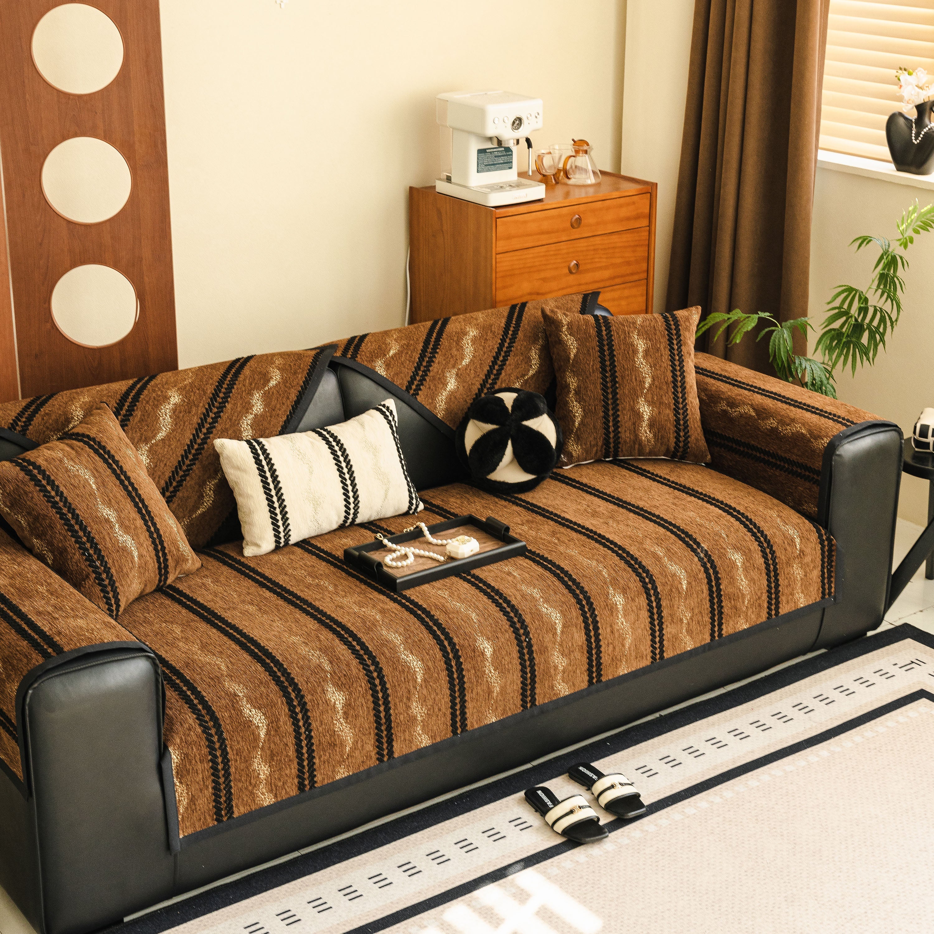 Non-slip Sofa Cover With Thick Chenille Texture Woven Stripe Couch Protector Throw