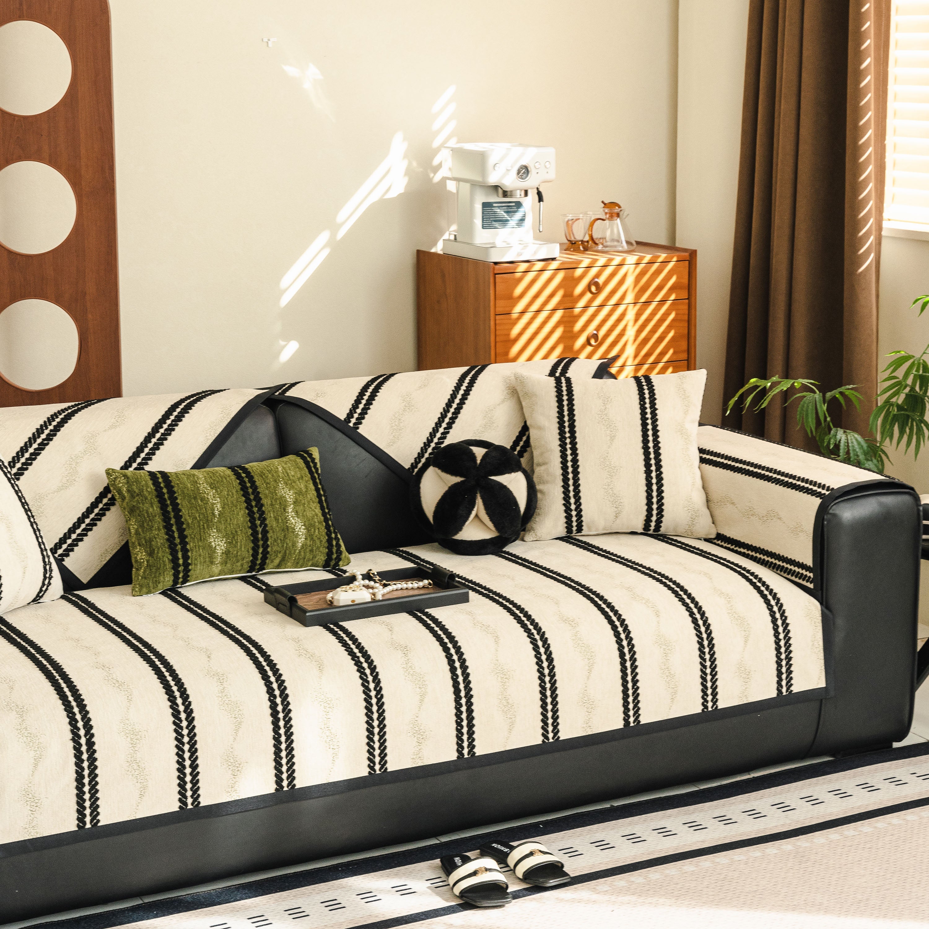 Non-slip Sofa Cover With Thick Chenille Texture Woven Stripe Couch Protector Throw
