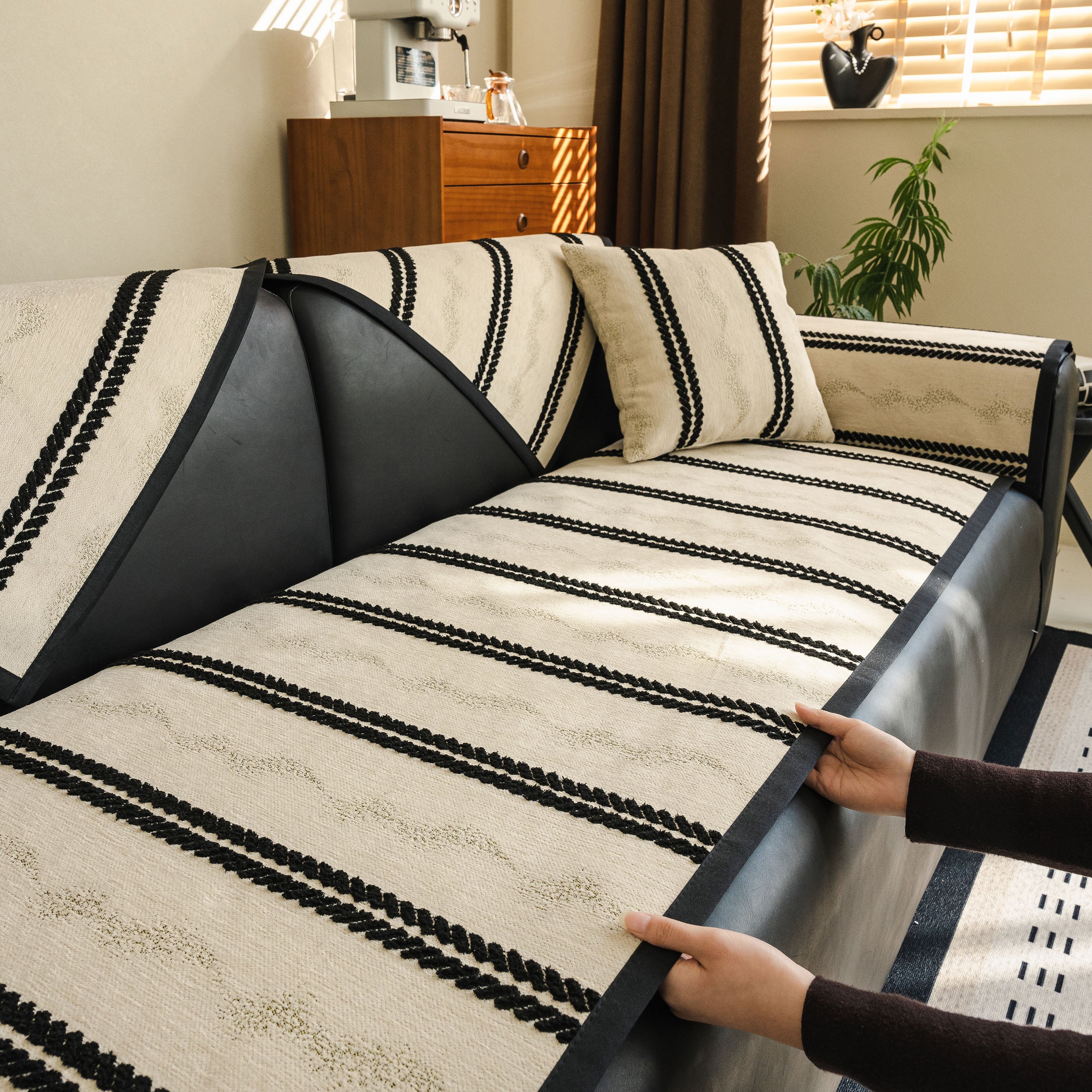 Non-slip Sofa Cover With Thick Chenille Texture Woven Stripe Couch Protector Throw