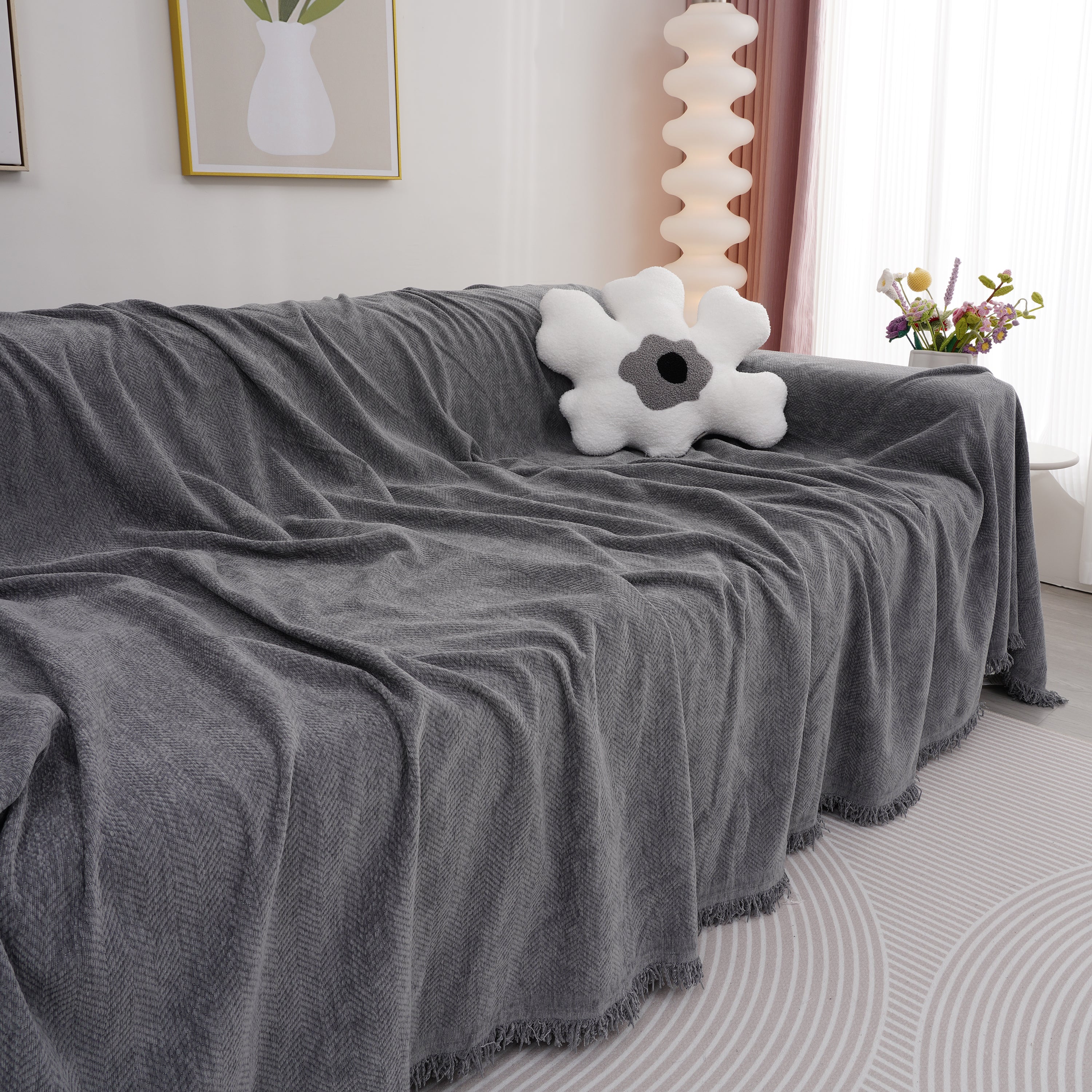 Chenille Herringbone Couch Cover Blanket, Sectional With Washable Covers, Furniture Covers For Sofas