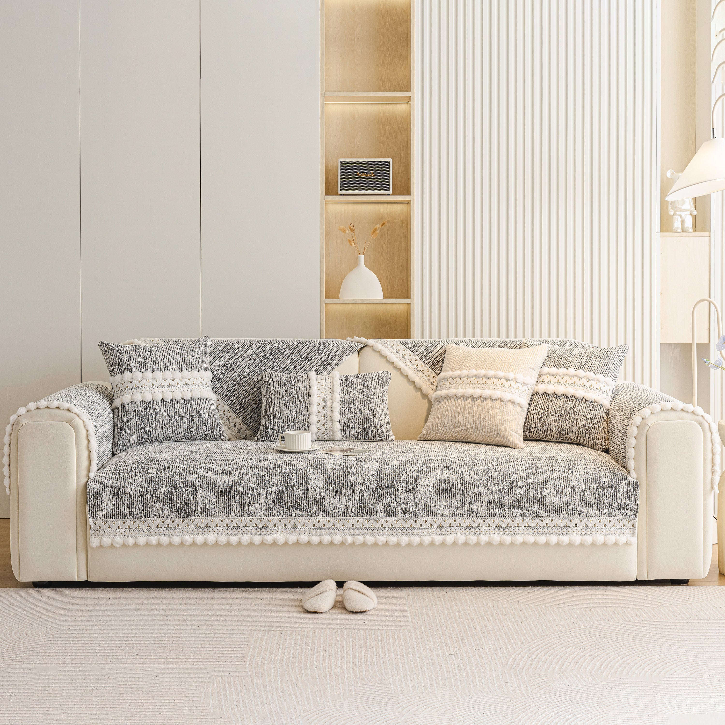 Soft Chenille Sectional Sofa Cover With Pom Pom Trim – Non-slip Couch Protector