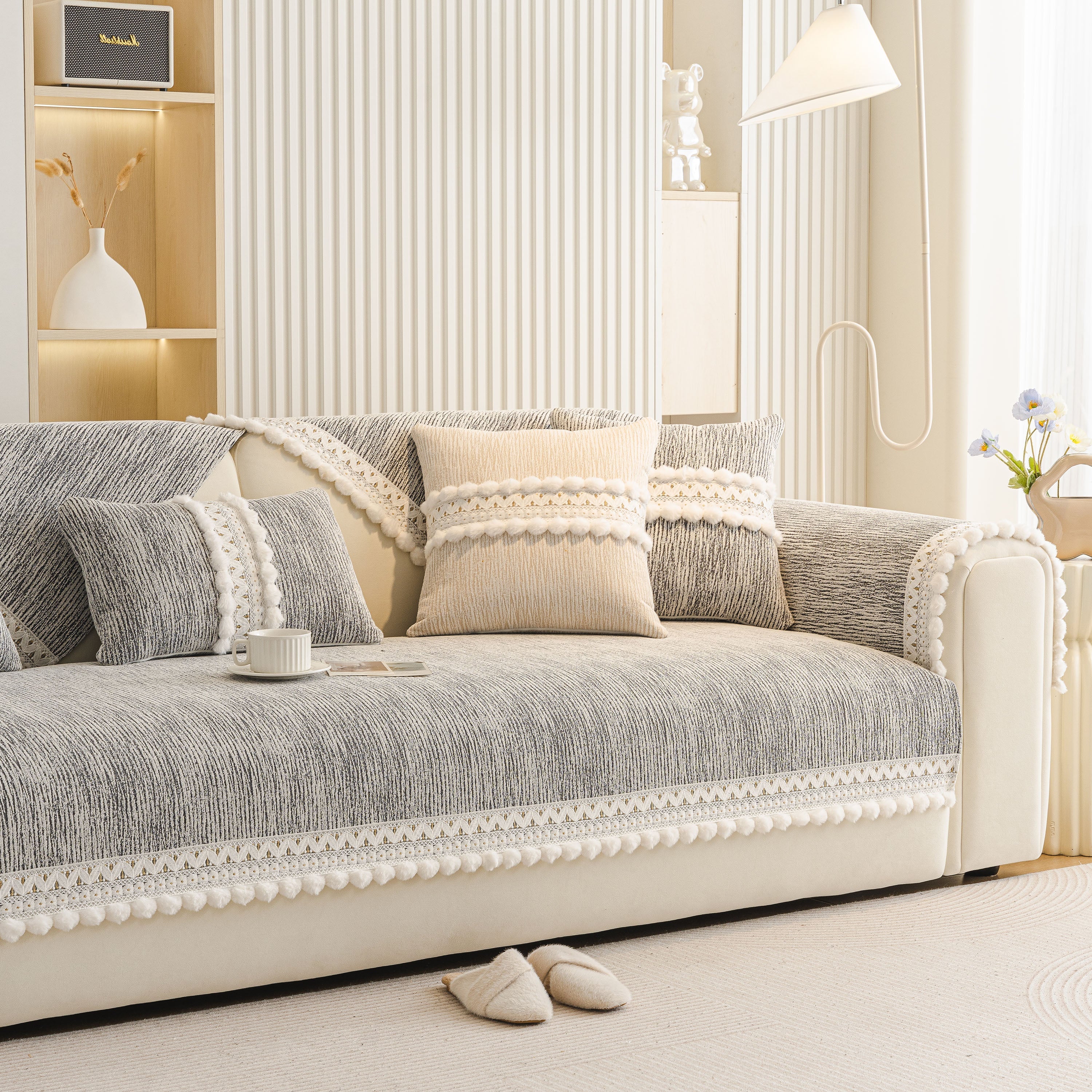 Soft Chenille Sectional Sofa Cover With Pom Pom Trim – Non-slip Couch Protector
