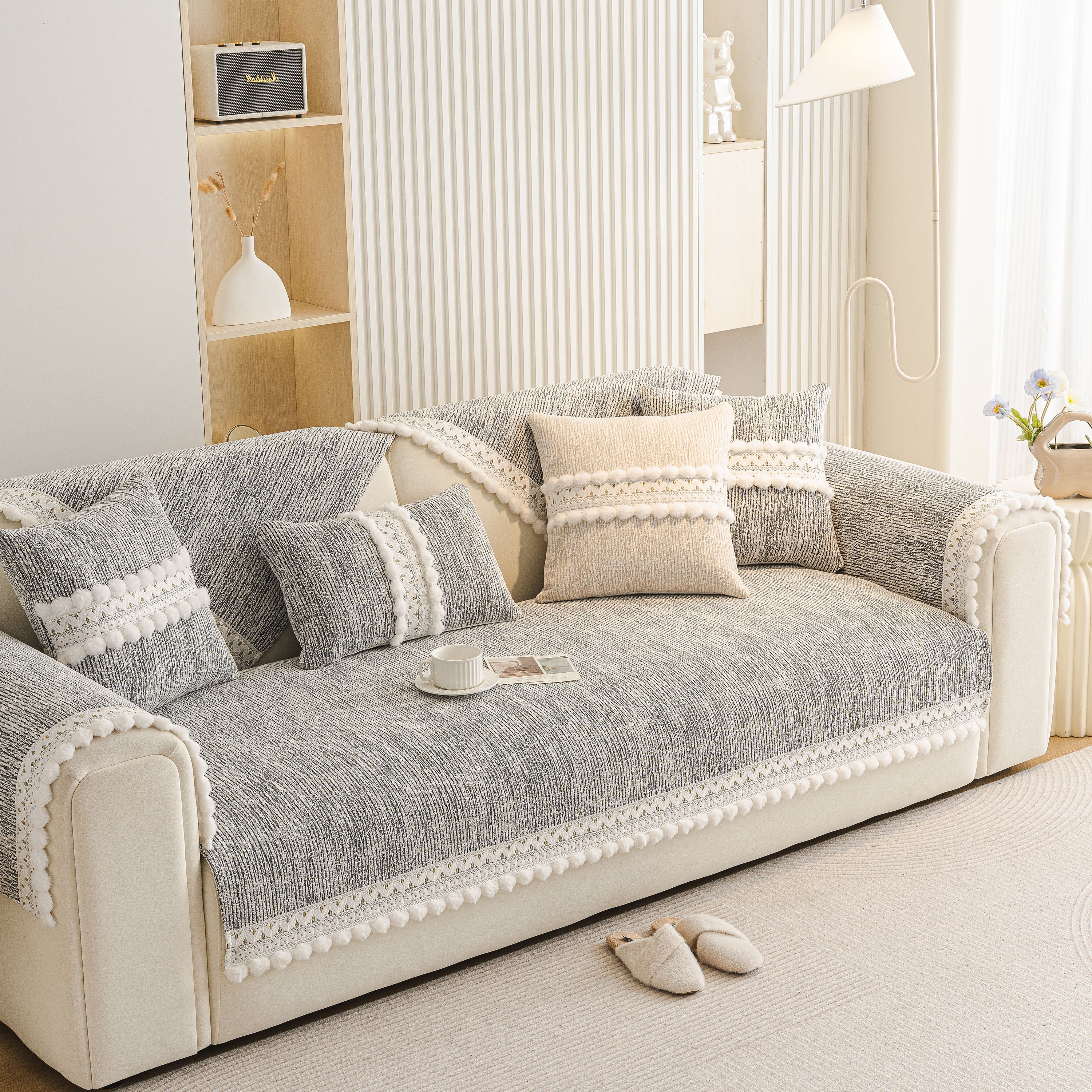Soft Chenille Sectional Sofa Cover With Pom Pom Trim – Non-slip Couch Protector