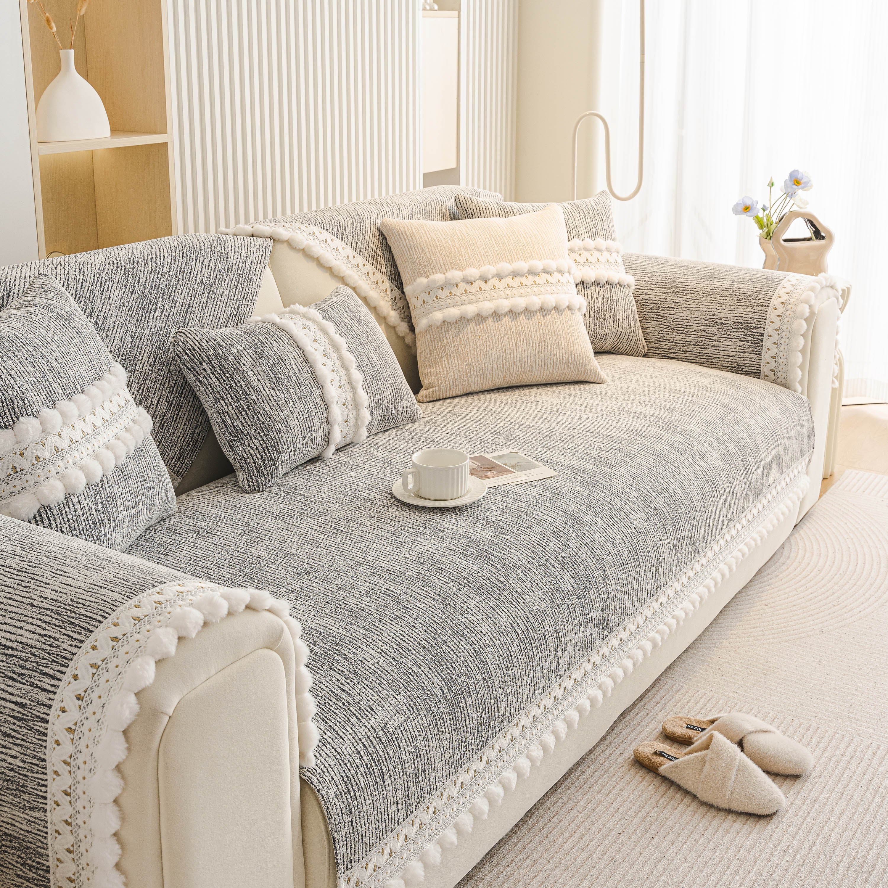 Soft Chenille Sectional Sofa Cover With Pom Pom Trim – Non-slip Couch Protector
