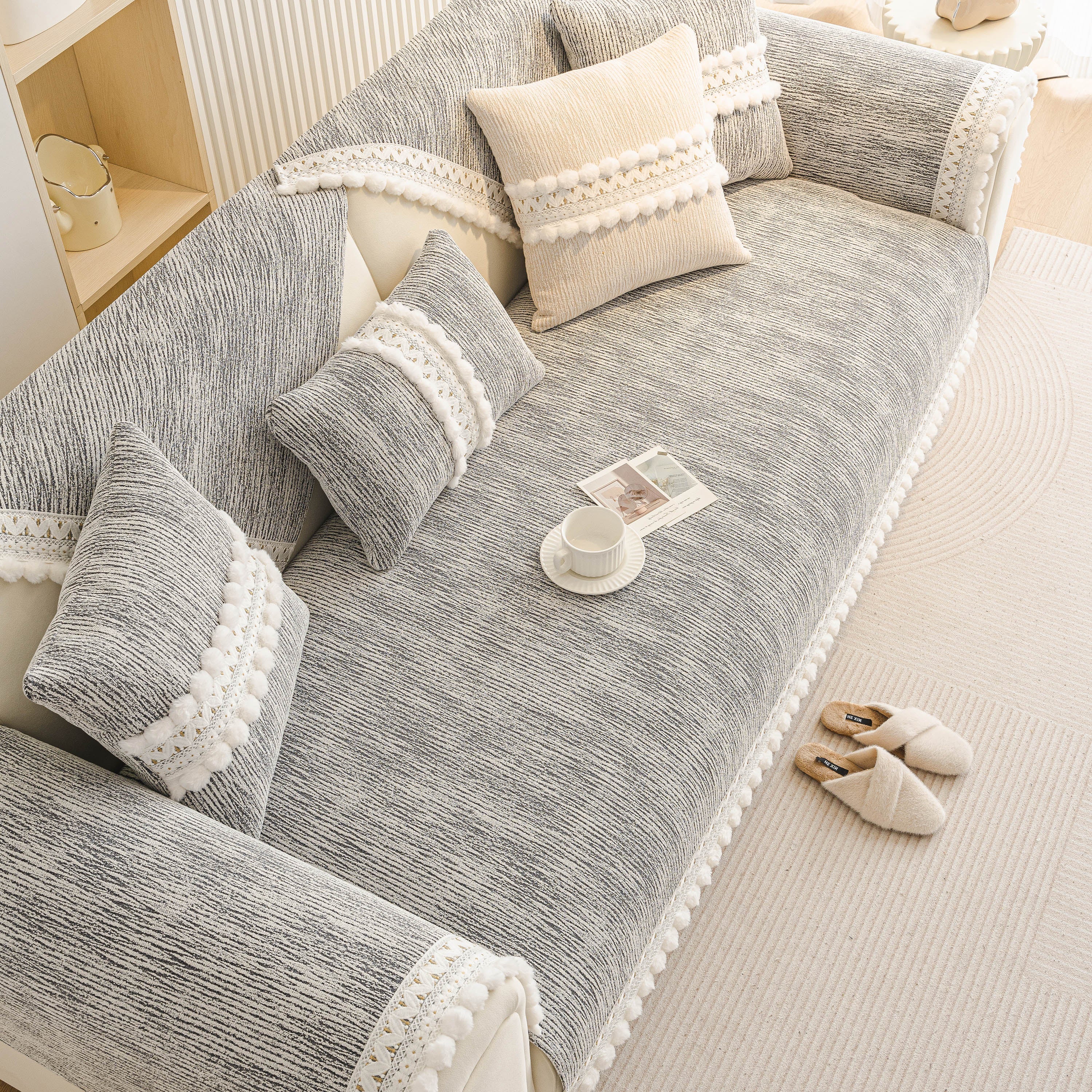Soft Chenille Sectional Sofa Cover With Pom Pom Trim – Non-slip Couch Protector