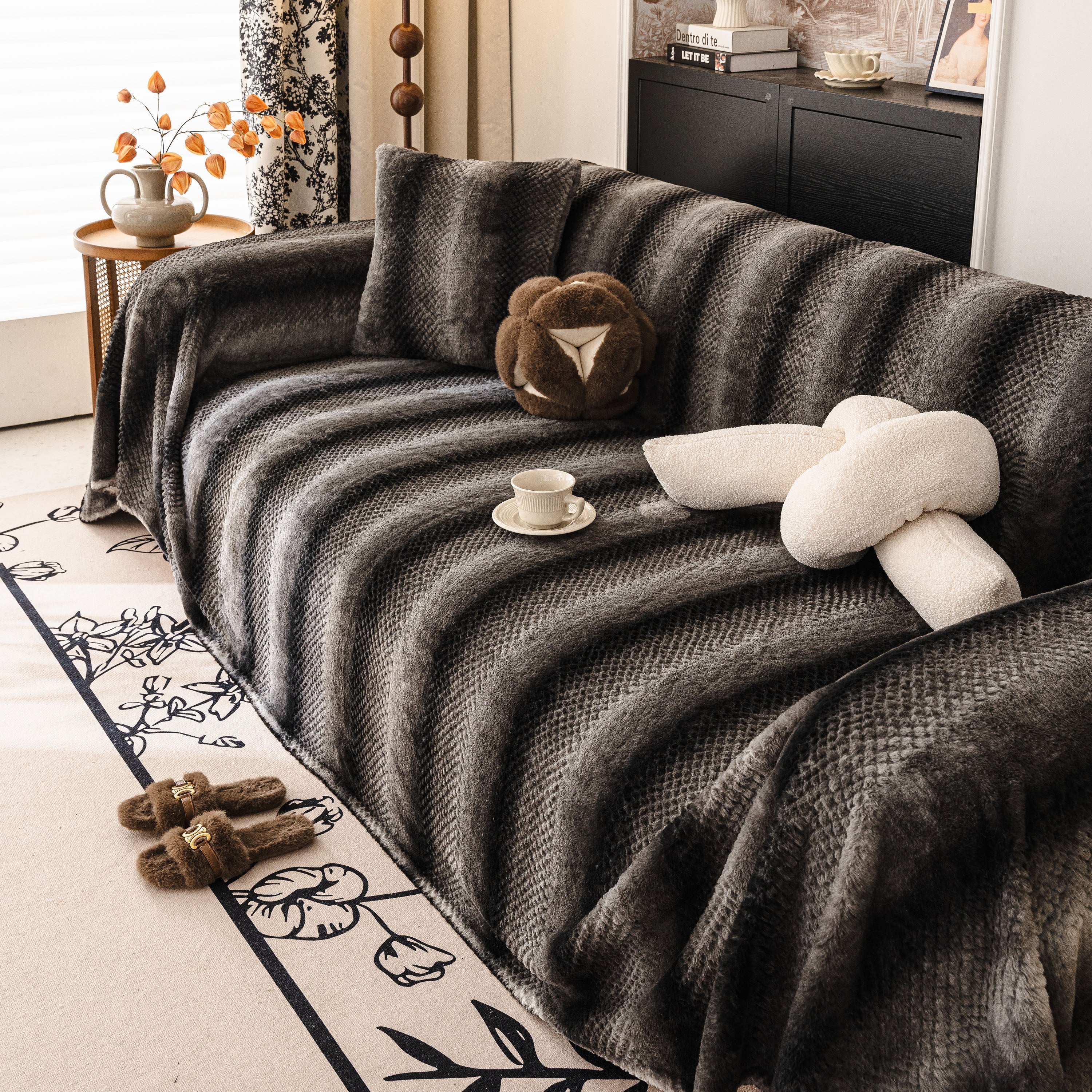 Faux Fur Sofa Cover Washable Furniture Protector For Sectional Warm & Fuzzy Slipcover