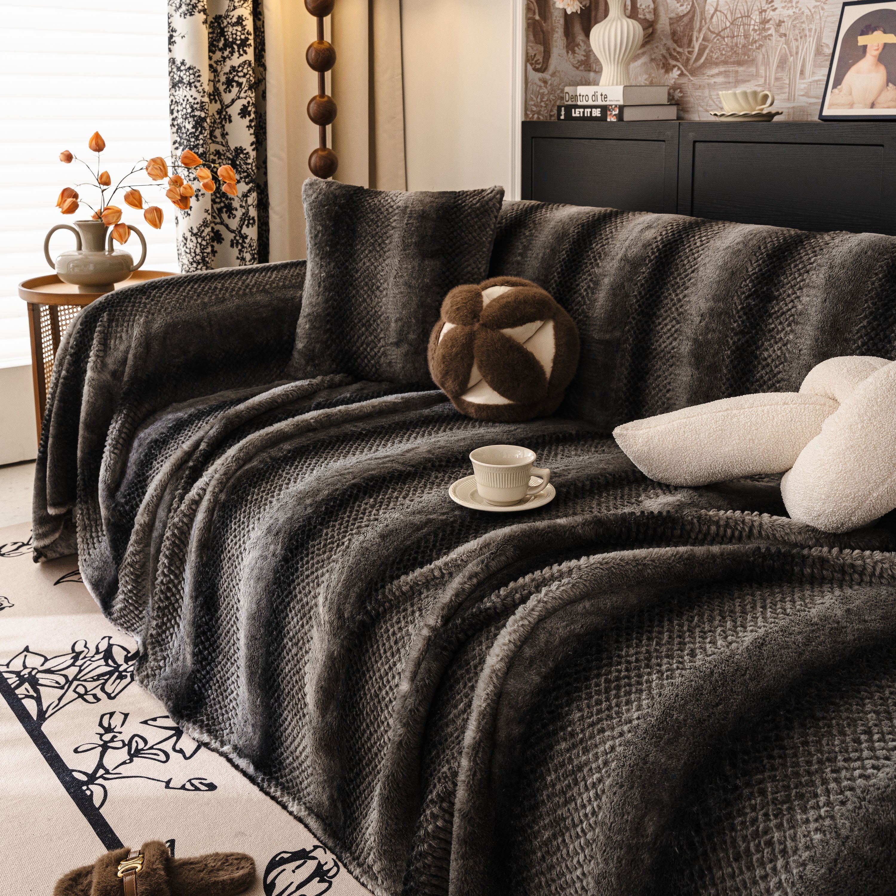 Faux Fur Sofa Cover Washable Furniture Protector For Sectional Warm & Fuzzy Slipcover