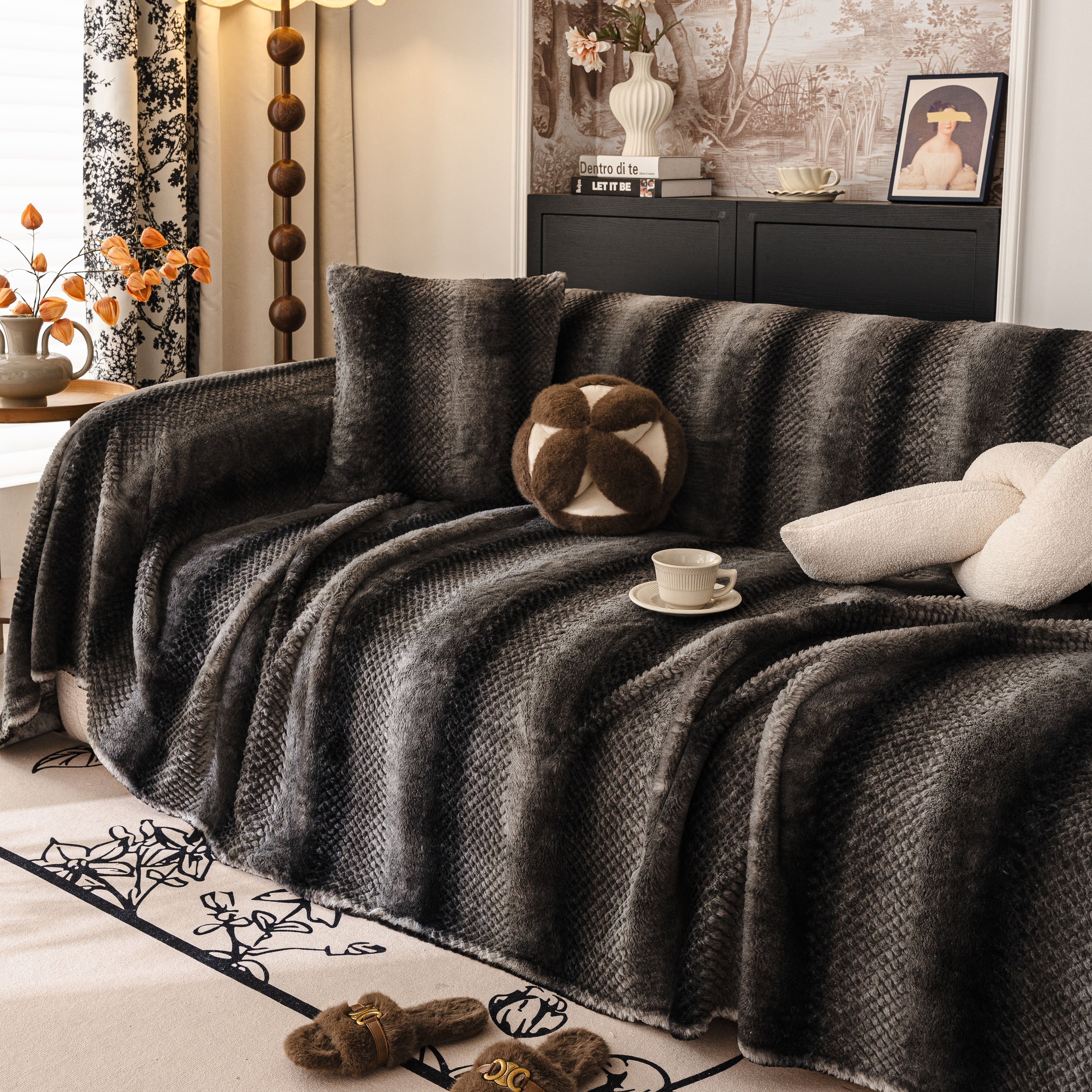 Faux Fur Sofa Cover Washable Furniture Protector For Sectional Warm & Fuzzy Slipcover