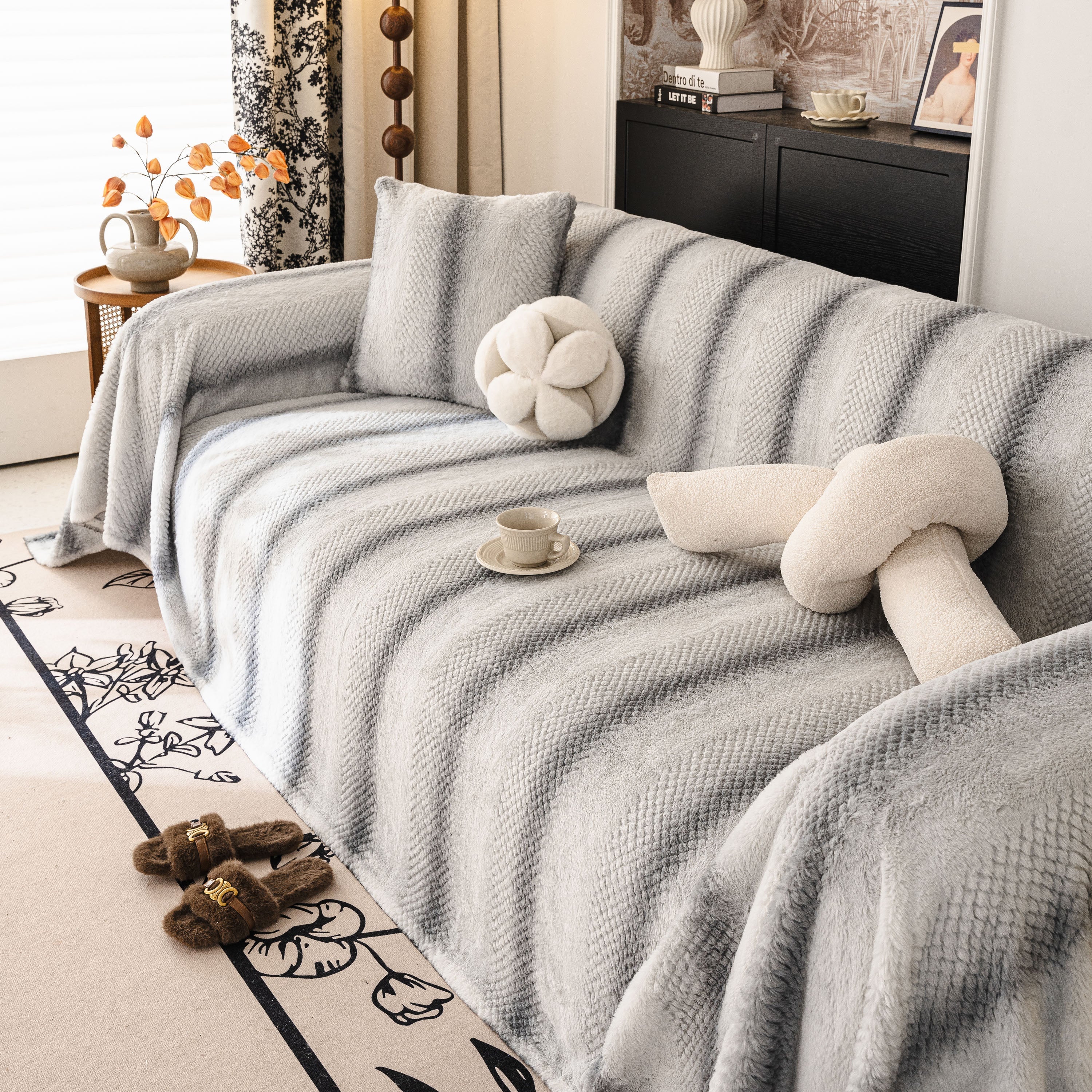 Faux Fur Sofa Cover Washable Furniture Protector For Sectional Warm & Fuzzy Slipcover