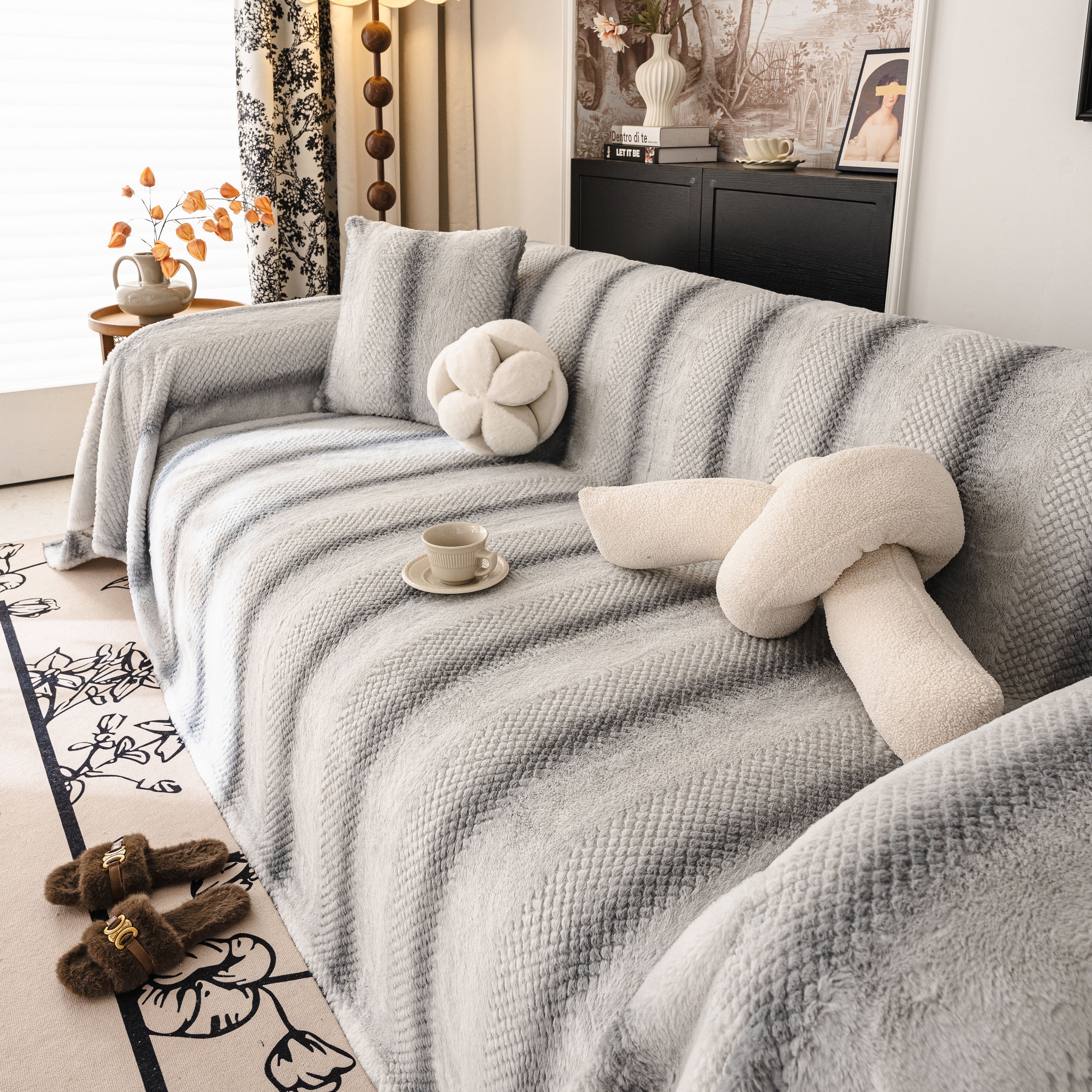Faux Fur Sofa Cover Washable Furniture Protector For Sectional Warm & Fuzzy Slipcover