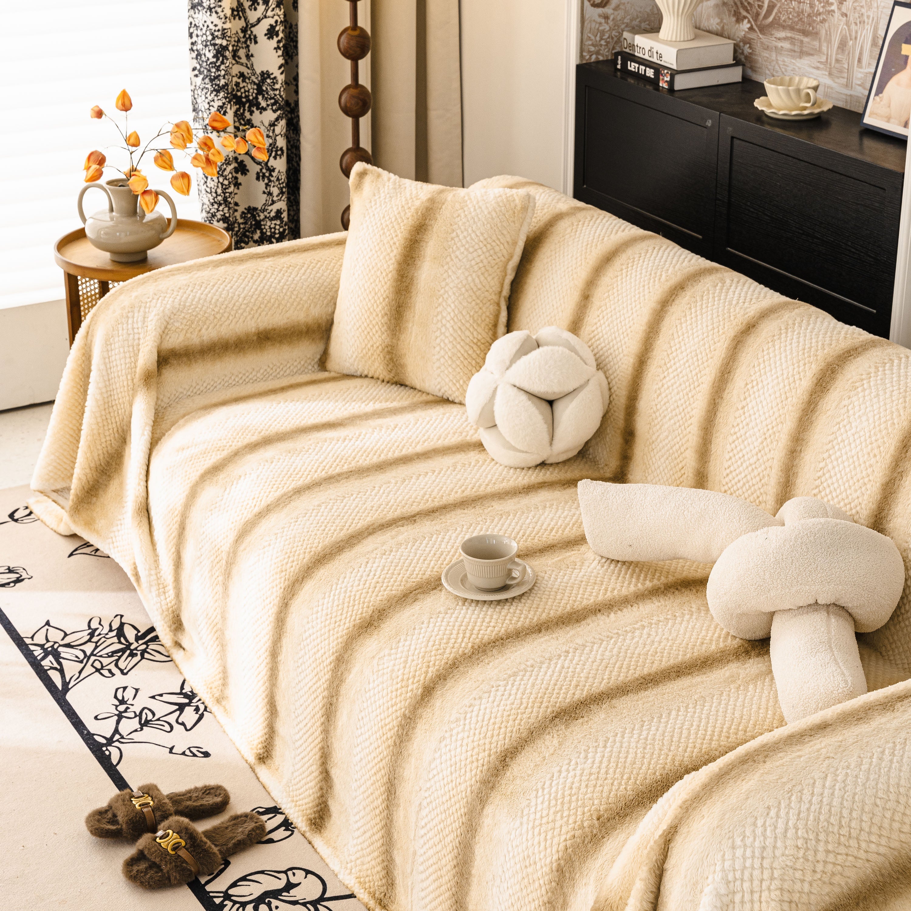 Faux Fur Sofa Cover Washable Furniture Protector For Sectional Warm & Fuzzy Slipcover