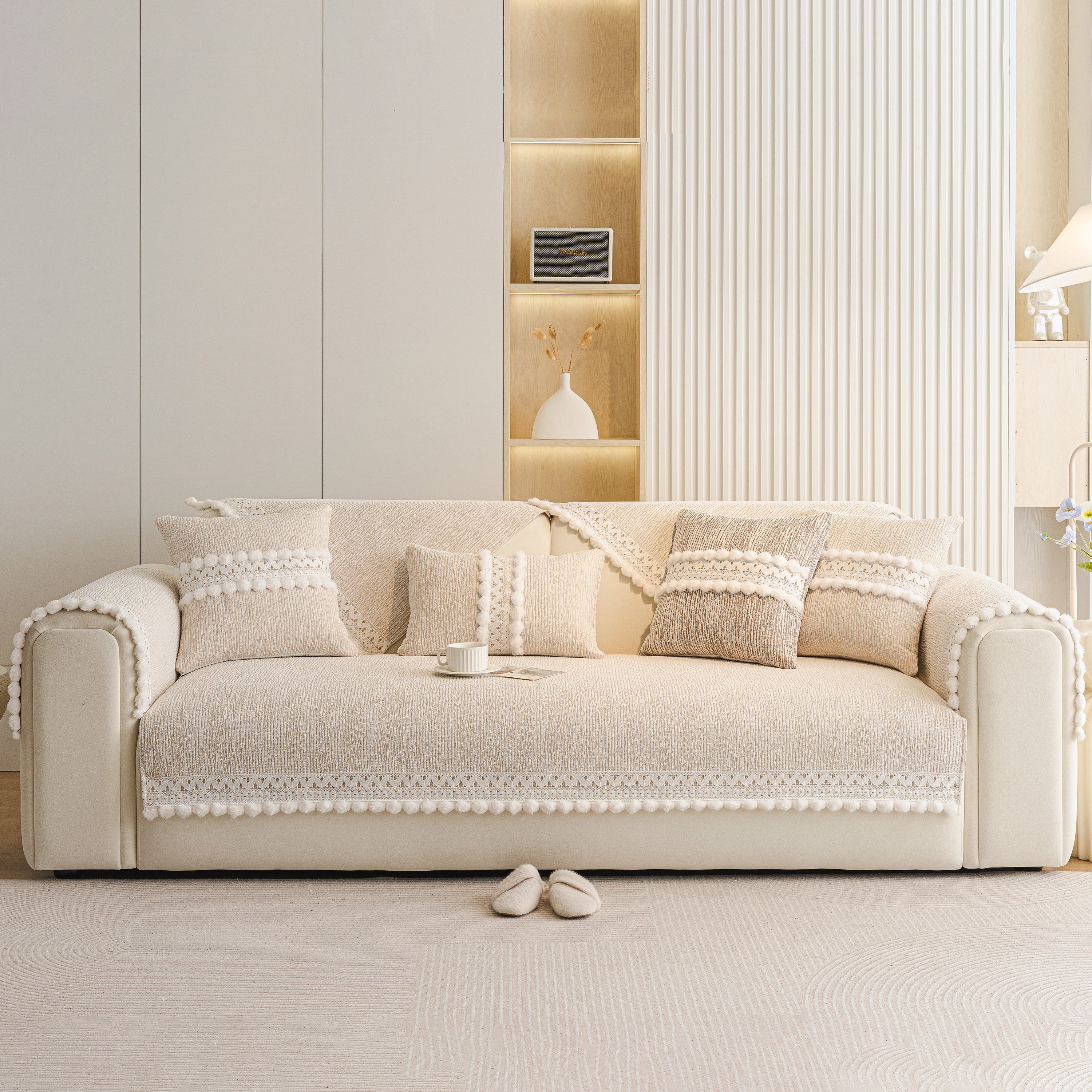 Soft Chenille Sectional Sofa Cover With Pom Pom Trim – Non-slip Couch Protector