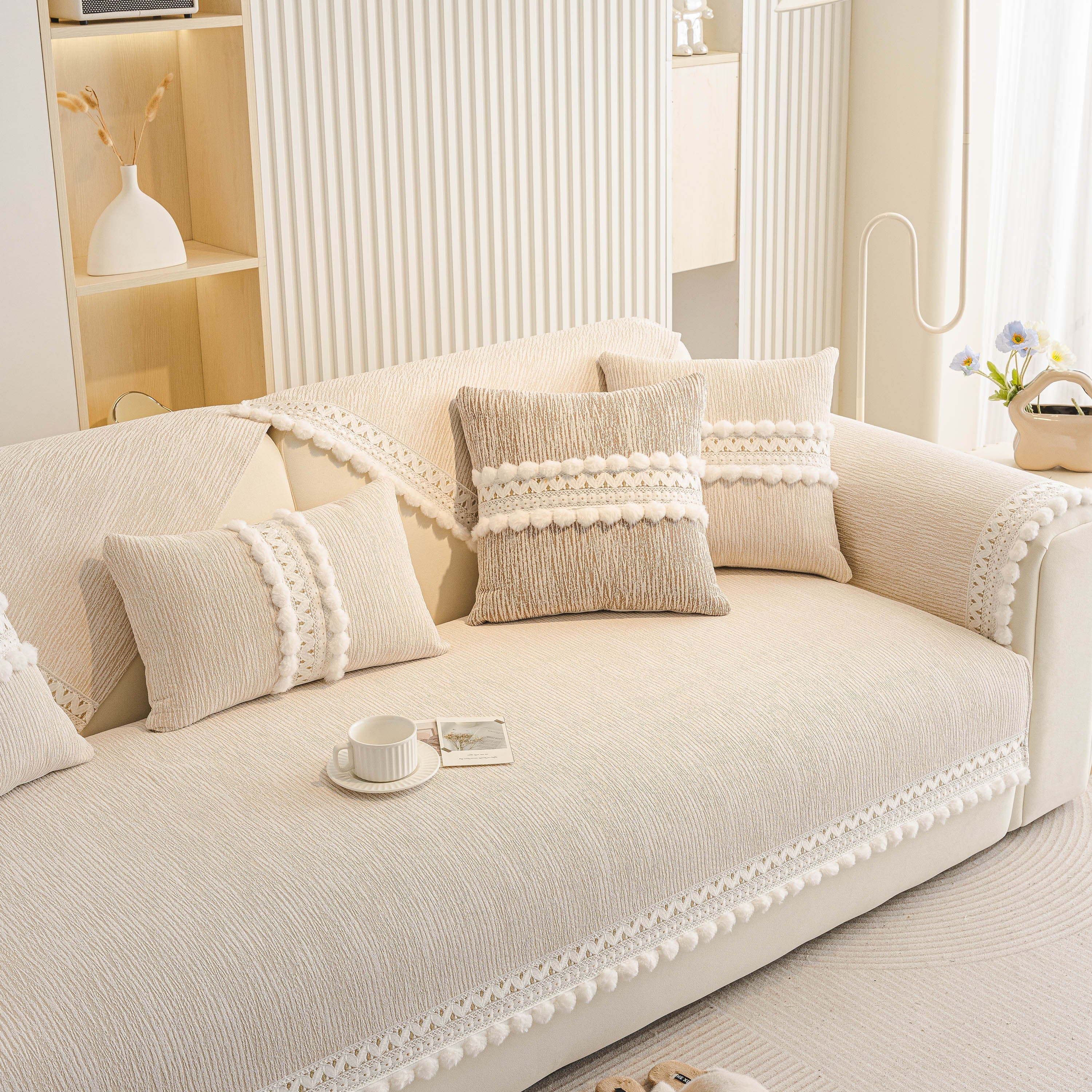 Soft Chenille Sectional Sofa Cover With Pom Pom Trim – Non-slip Couch Protector