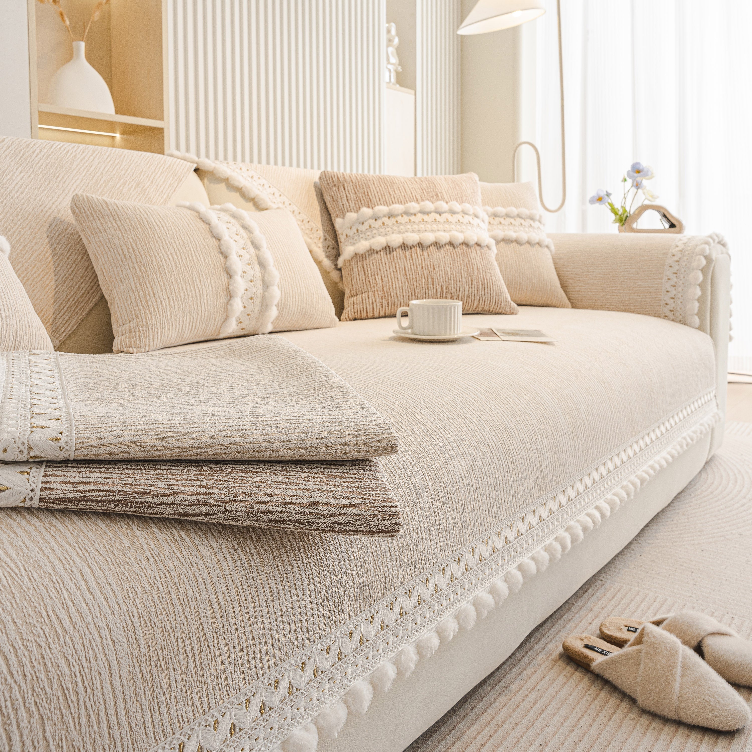 Soft Chenille Sectional Sofa Cover With Pom Pom Trim – Non-slip Couch Protector