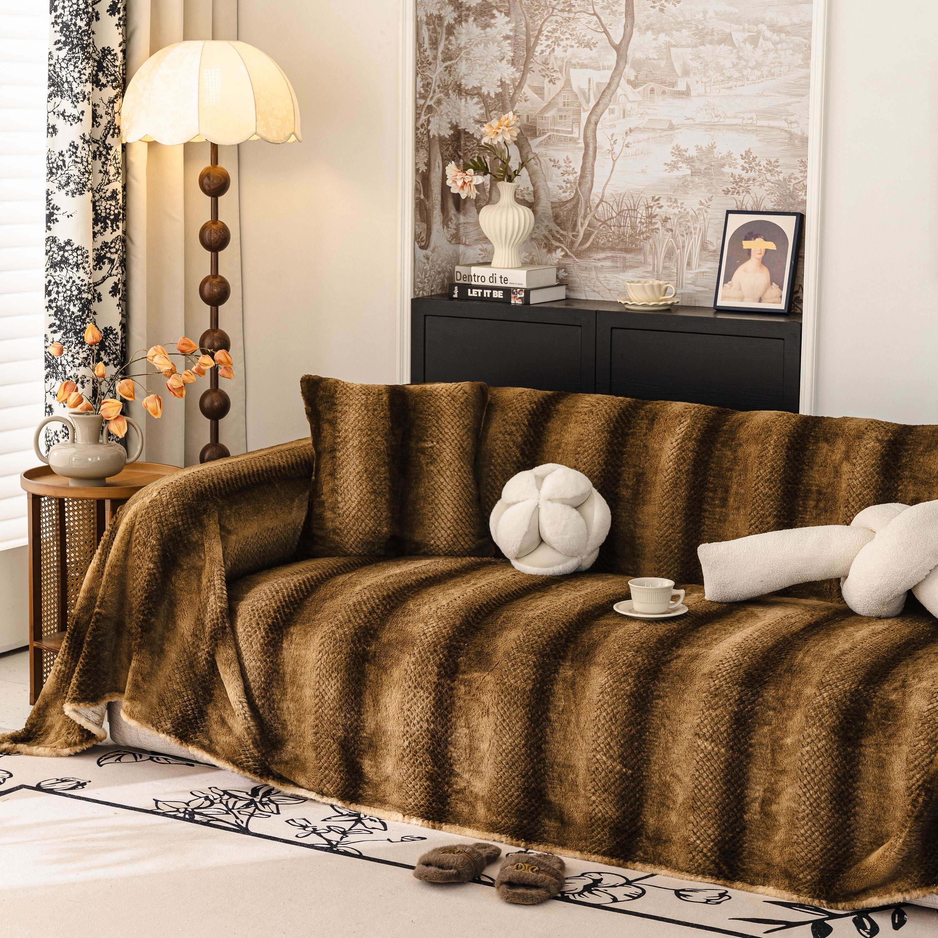 Faux Fur Sofa Cover Washable Furniture Protector For Sectional Warm & Fuzzy Slipcover