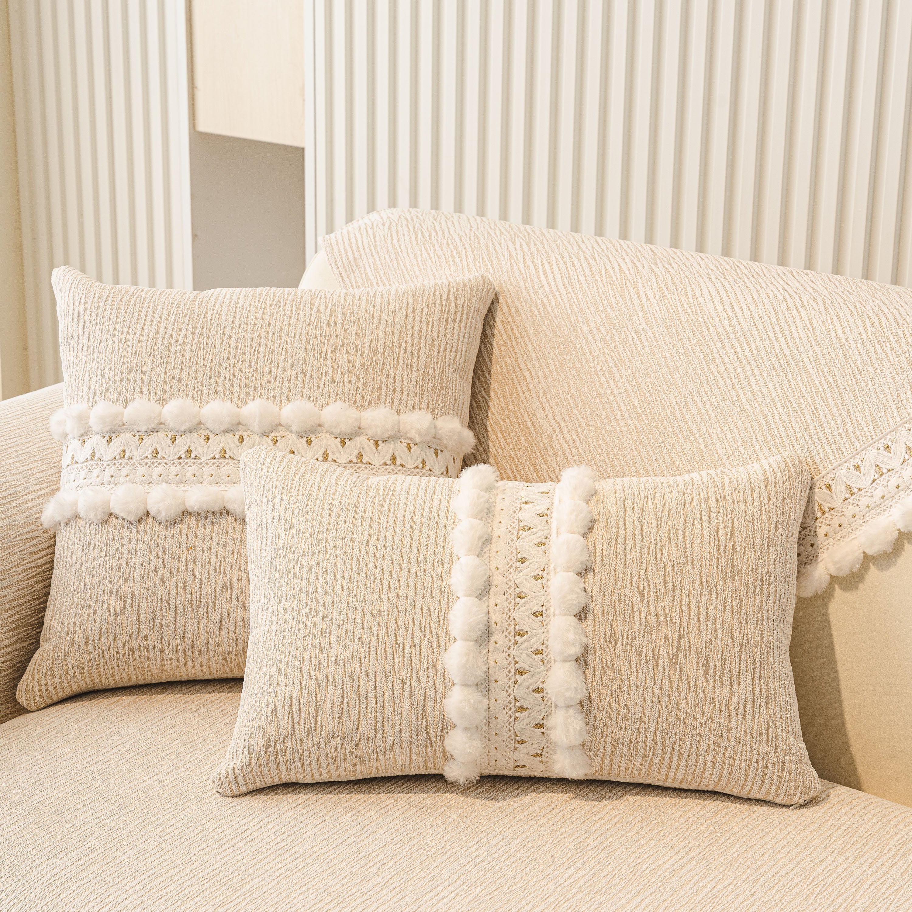 Soft Chenille Sectional Sofa Cover With Pom Pom Trim – Non-slip Couch Protector