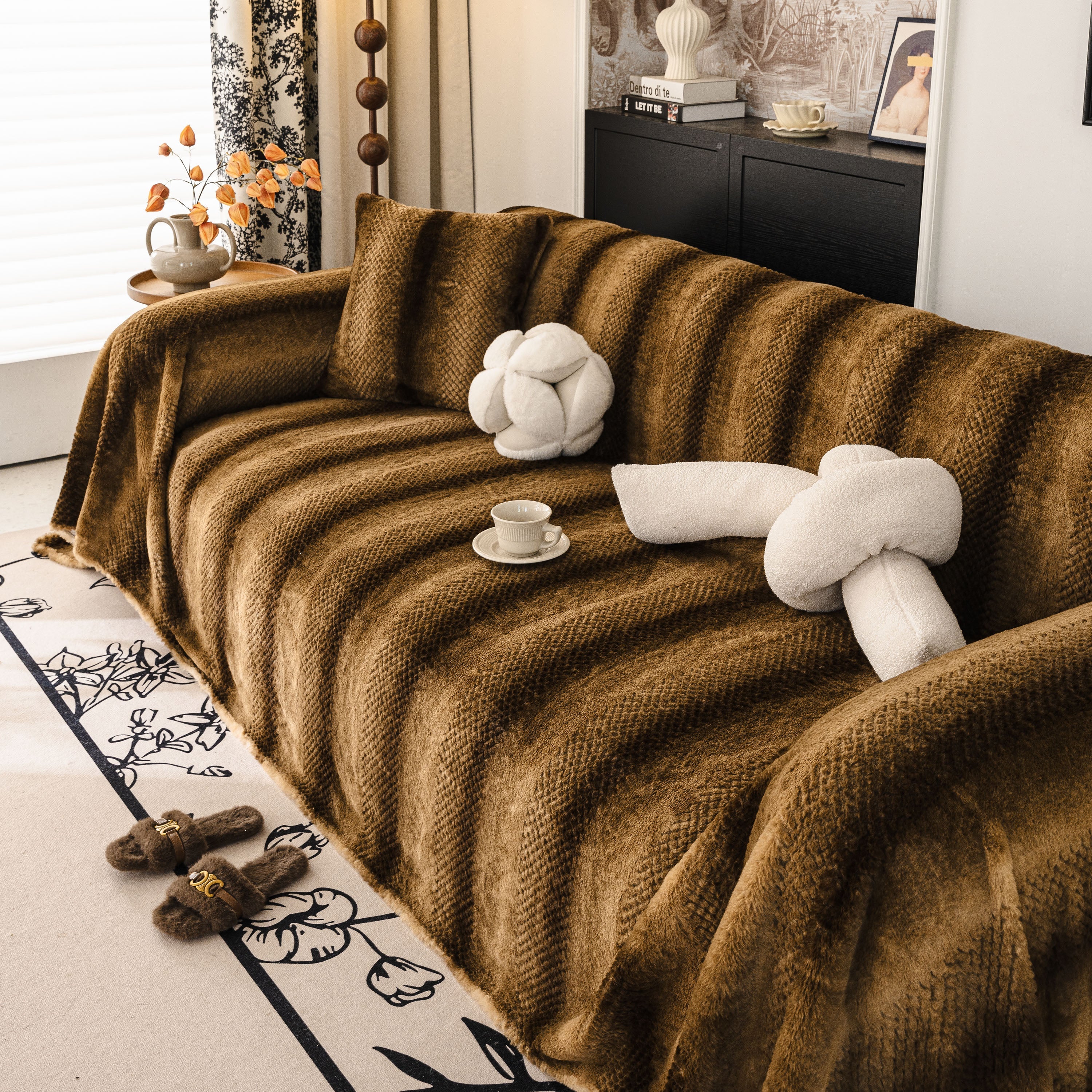 Faux Fur Sofa Cover Washable Furniture Protector For Sectional Warm & Fuzzy Slipcover