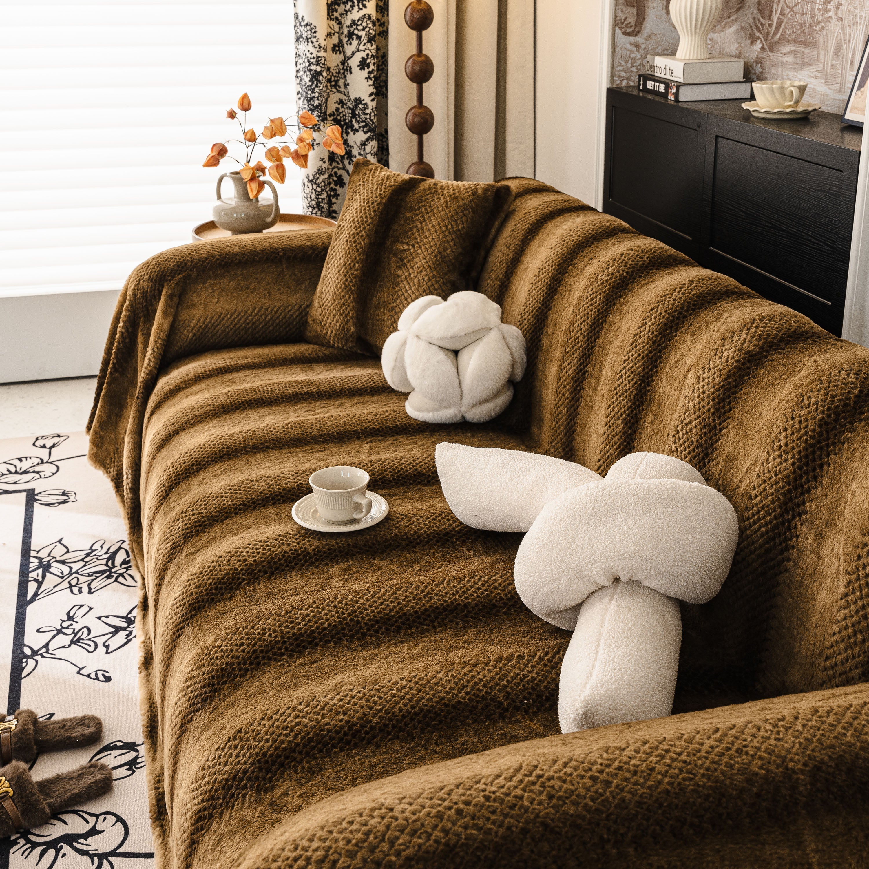 Faux Fur Sofa Cover Washable Furniture Protector For Sectional Warm & Fuzzy Slipcover