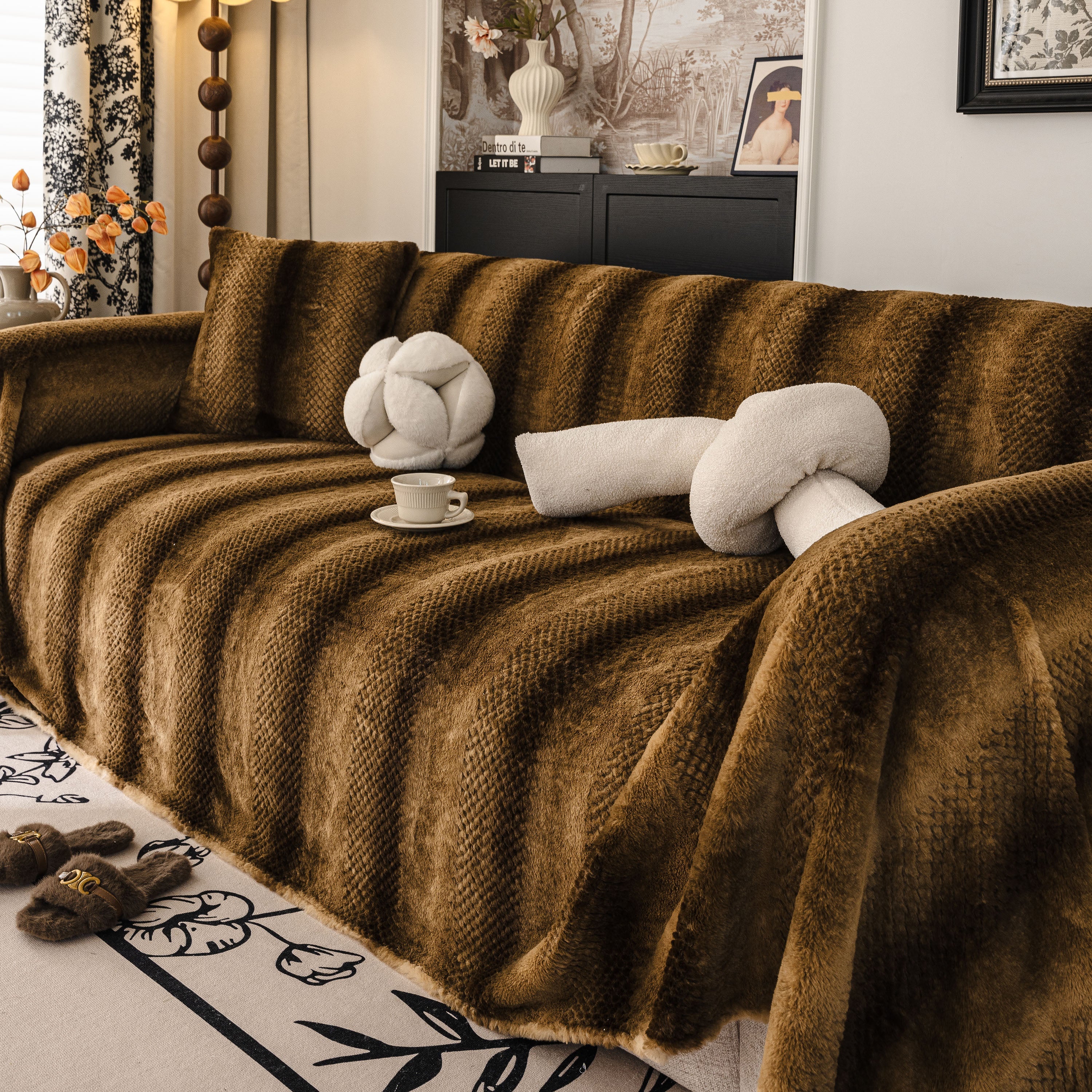 Faux Fur Sofa Cover Washable Furniture Protector For Sectional Warm & Fuzzy Slipcover