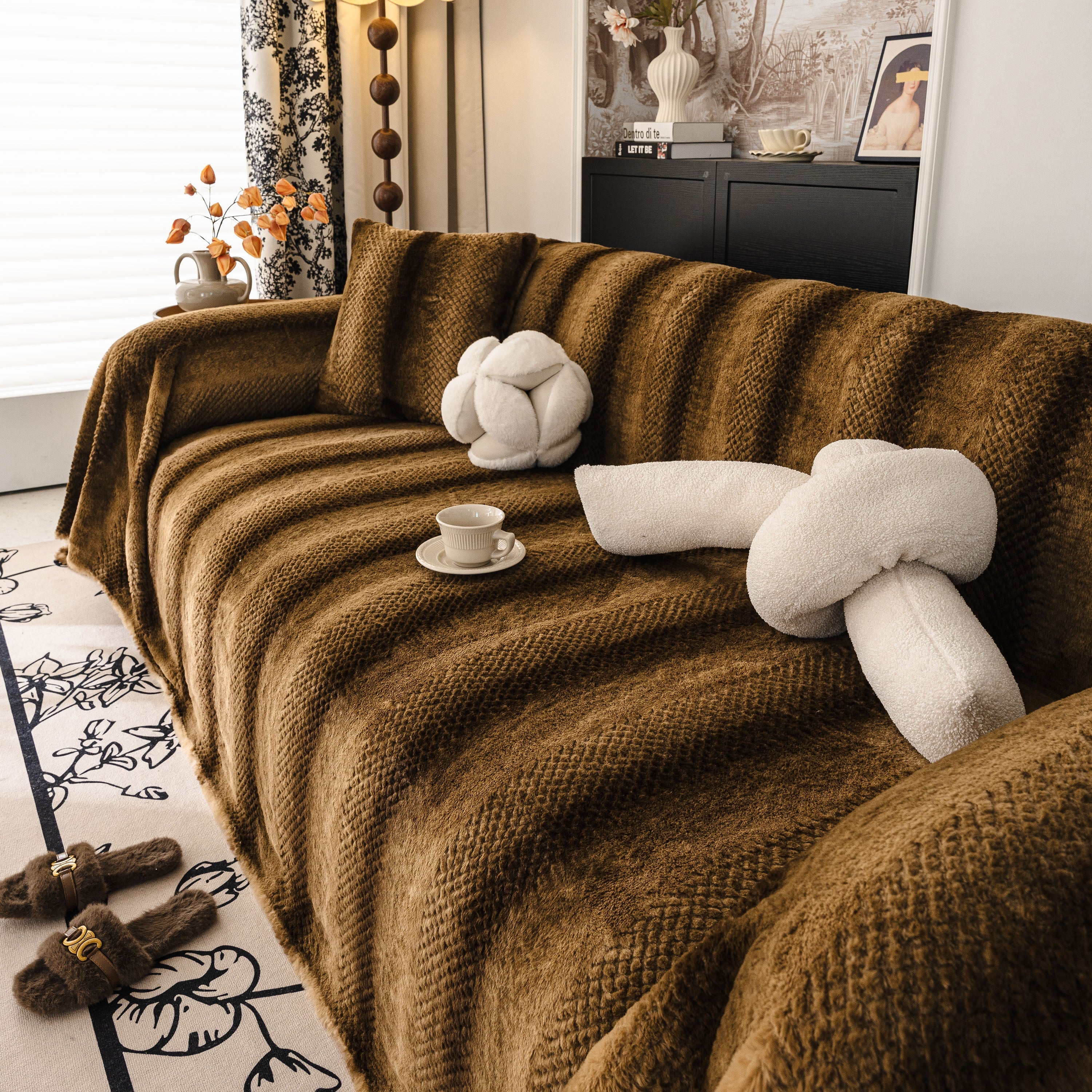 Faux Fur Sofa Cover Washable Furniture Protector For Sectional Warm & Fuzzy Slipcover