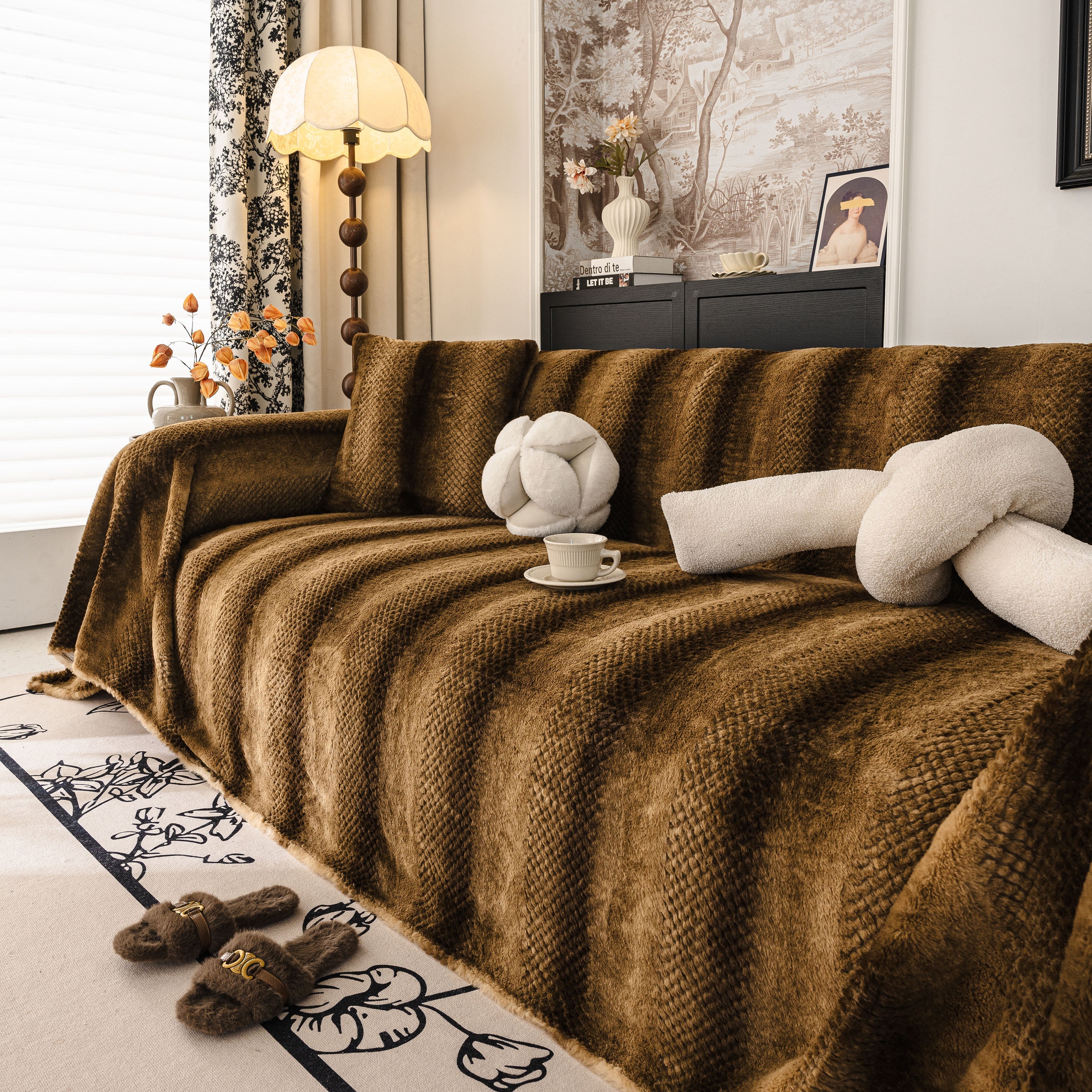 Faux Fur Sofa Cover Washable Furniture Protector For Sectional Warm & Fuzzy Slipcover