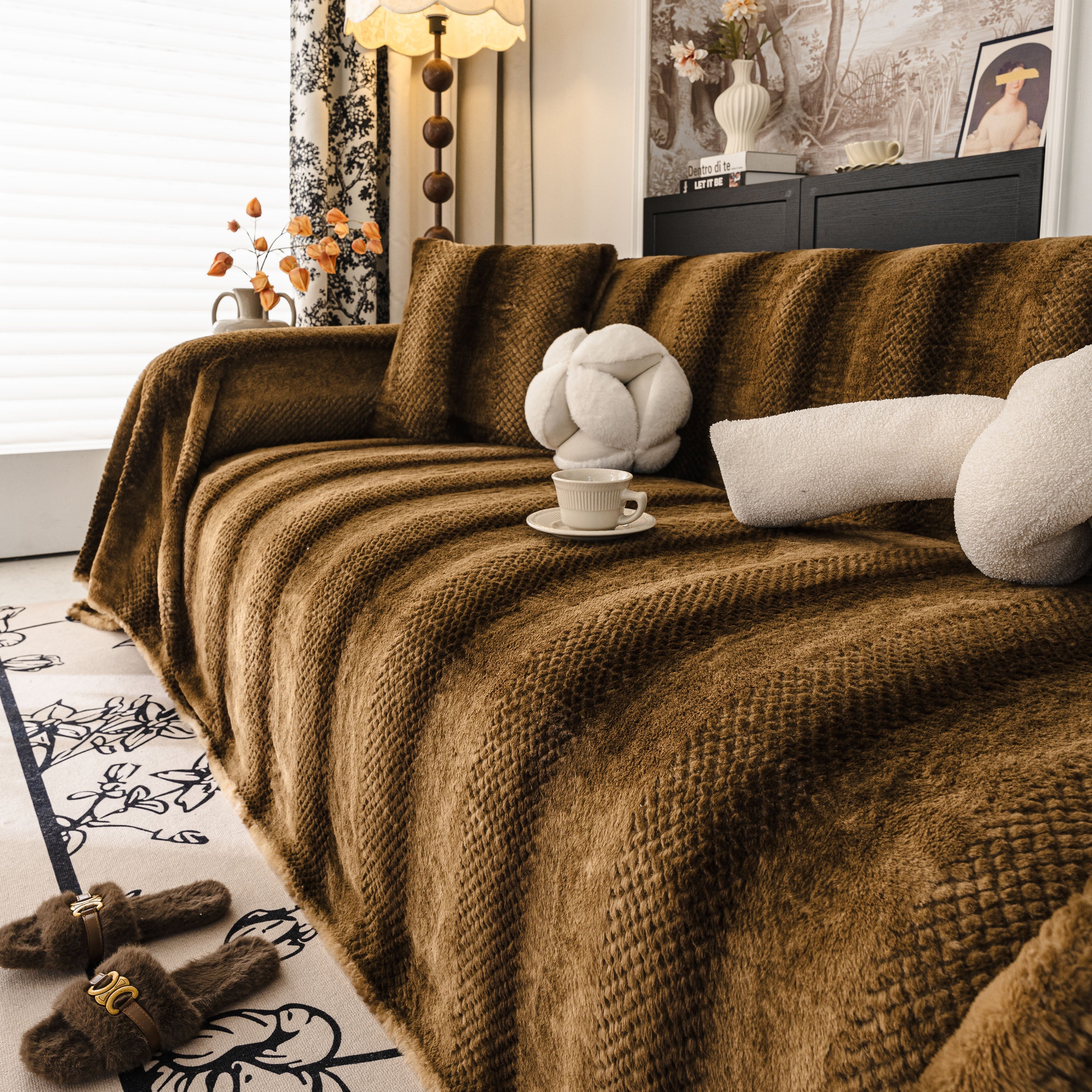 Faux Fur Sofa Cover Washable Furniture Protector For Sectional Warm & Fuzzy Slipcover