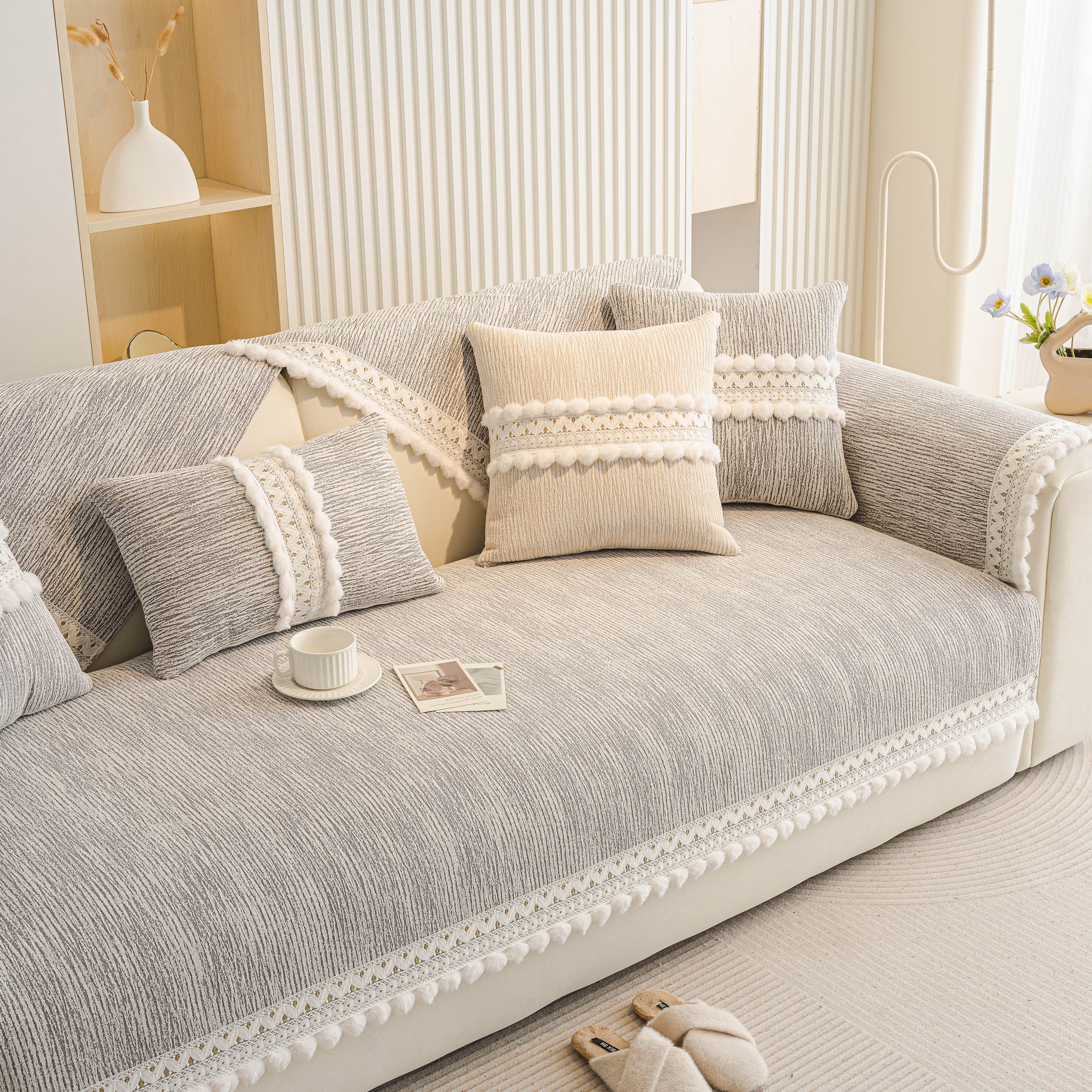 Soft Chenille Sectional Sofa Cover With Pom Pom Trim – Non-slip Couch Protector
