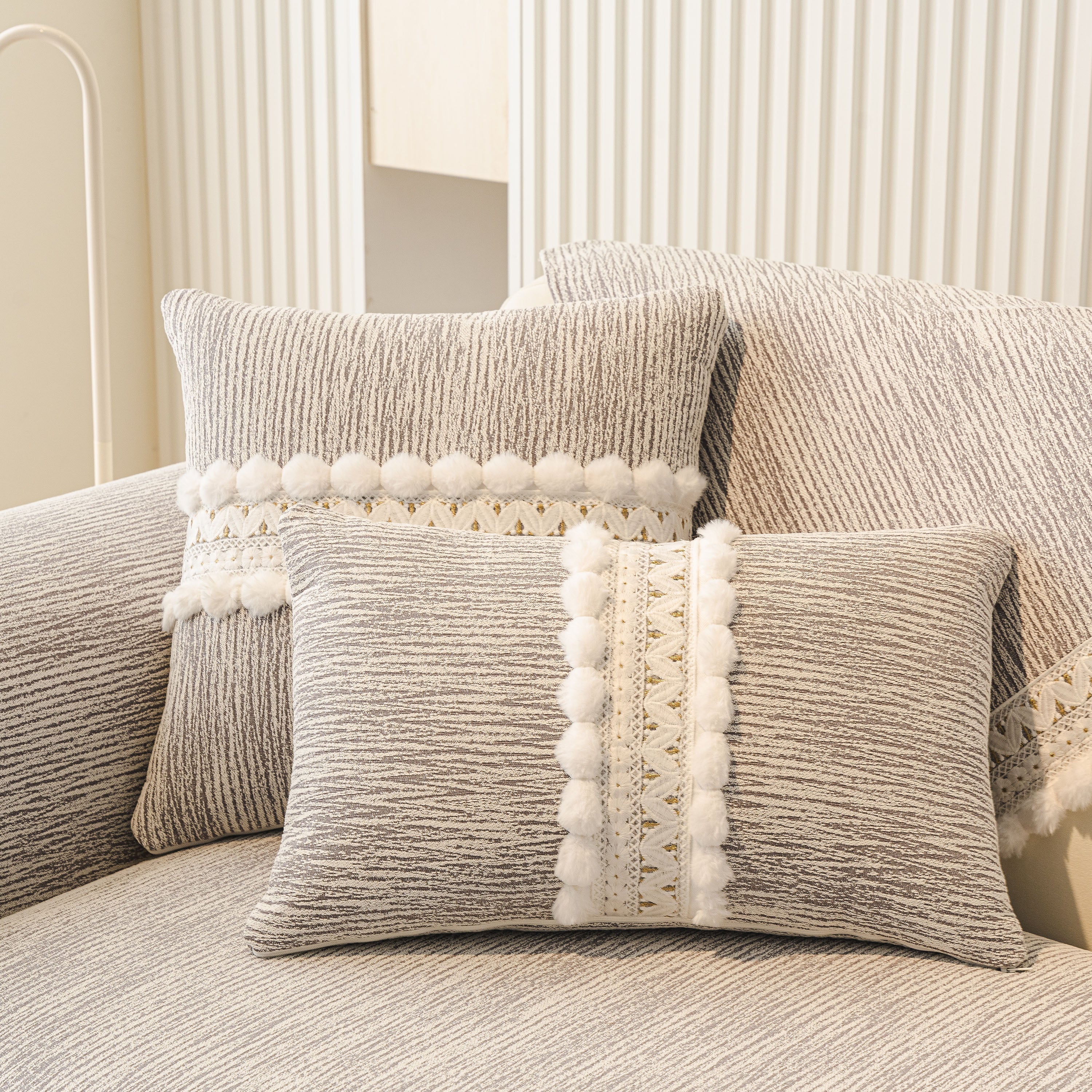 Soft Chenille Sectional Sofa Cover With Pom Pom Trim – Non-slip Couch Protector