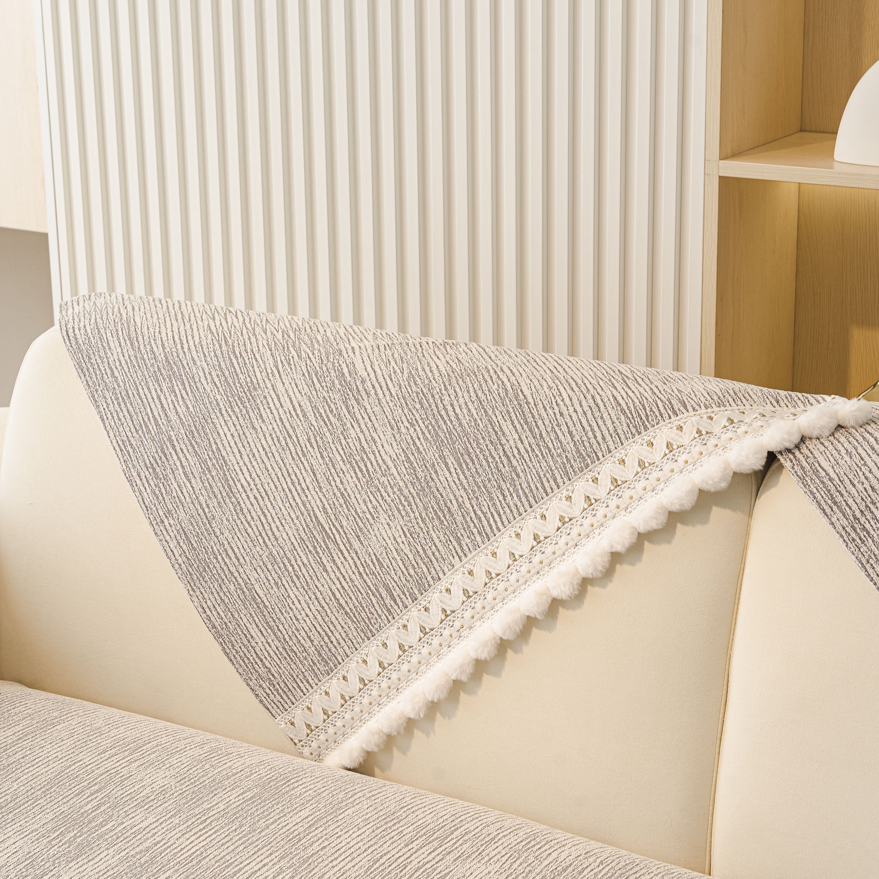 Soft Chenille Sectional Sofa Cover With Pom Pom Trim – Non-slip Couch Protector
