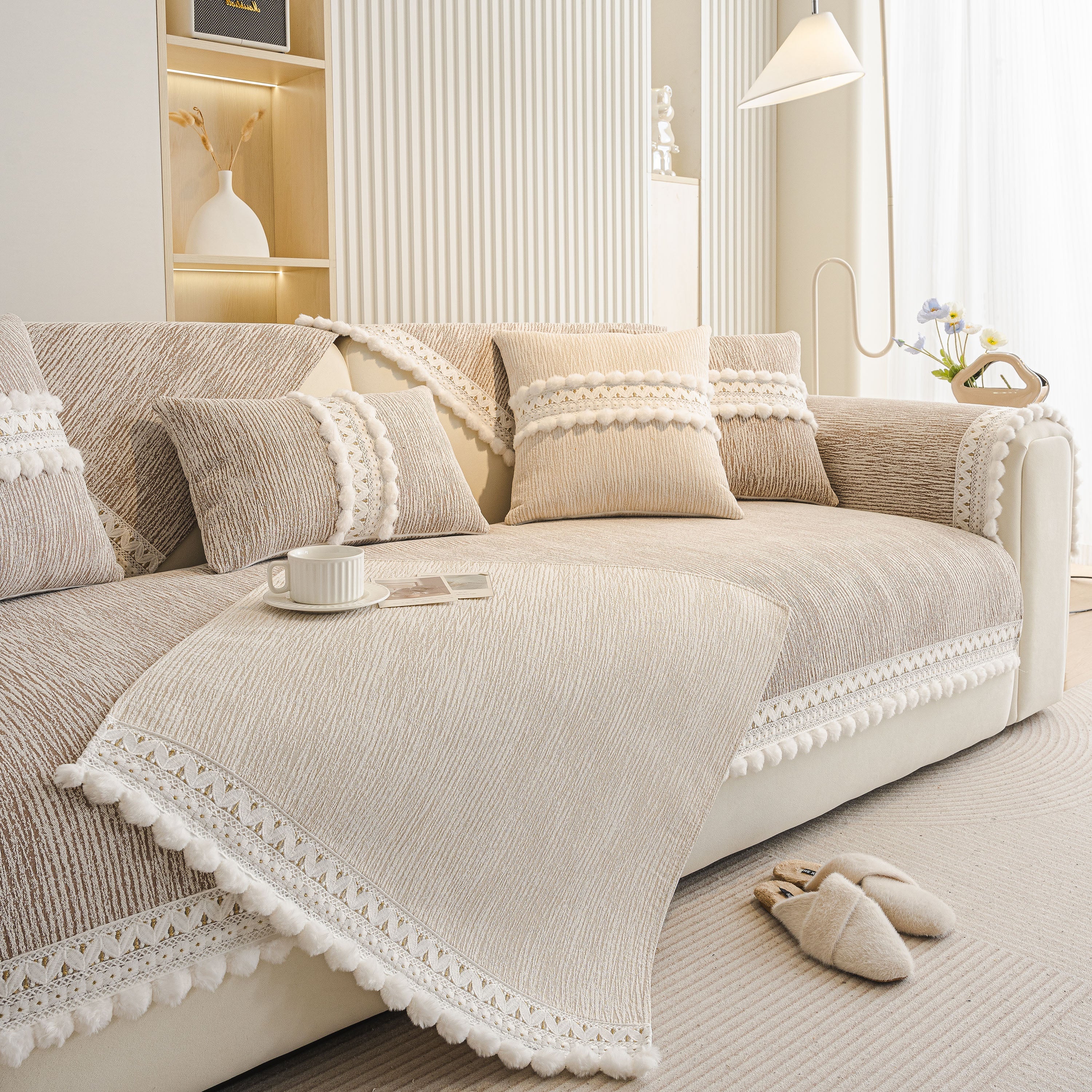 Soft Chenille Sectional Sofa Cover With Pom Pom Trim – Non-slip Couch Protector