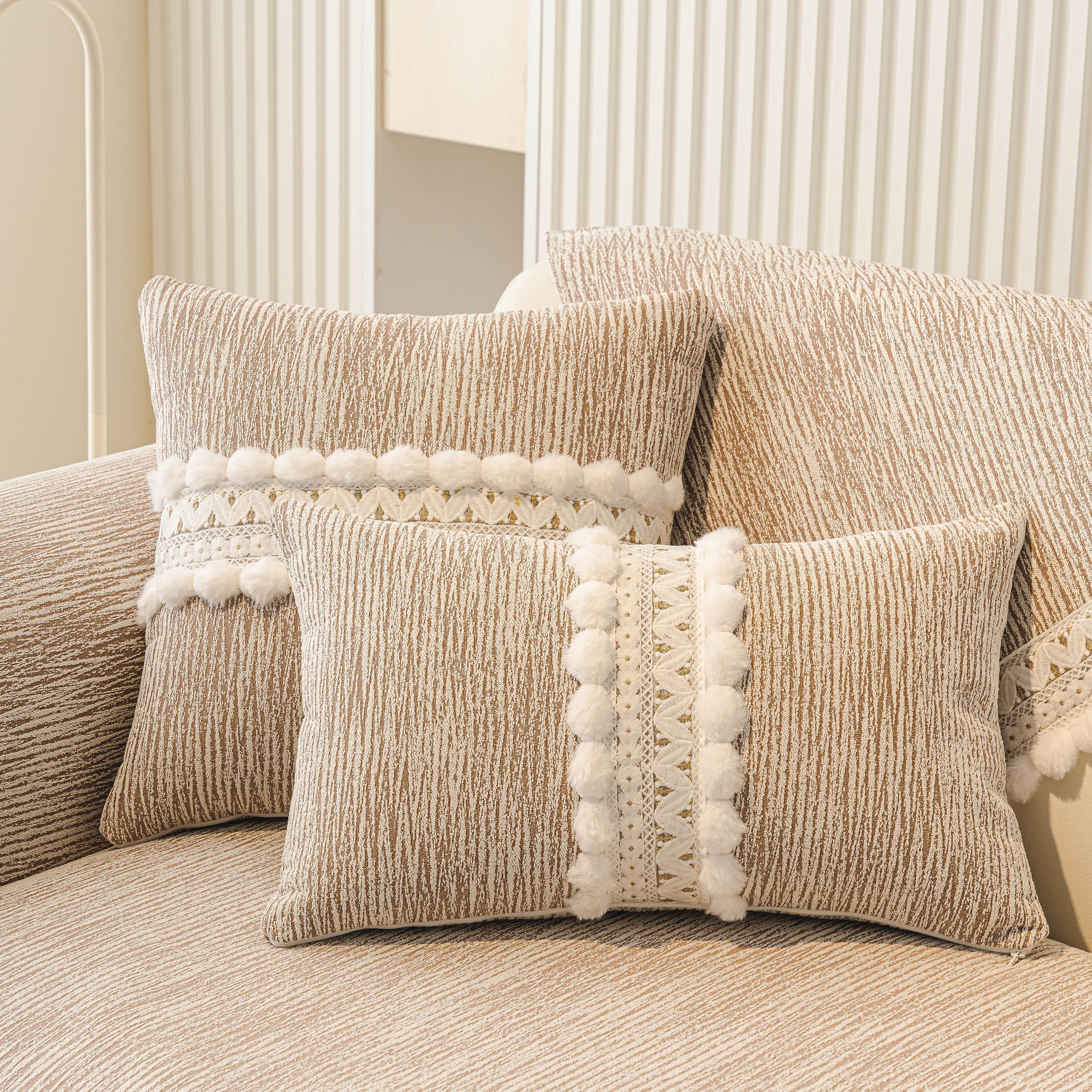 Soft Chenille Sectional Sofa Cover With Pom Pom Trim – Non-slip Couch Protector