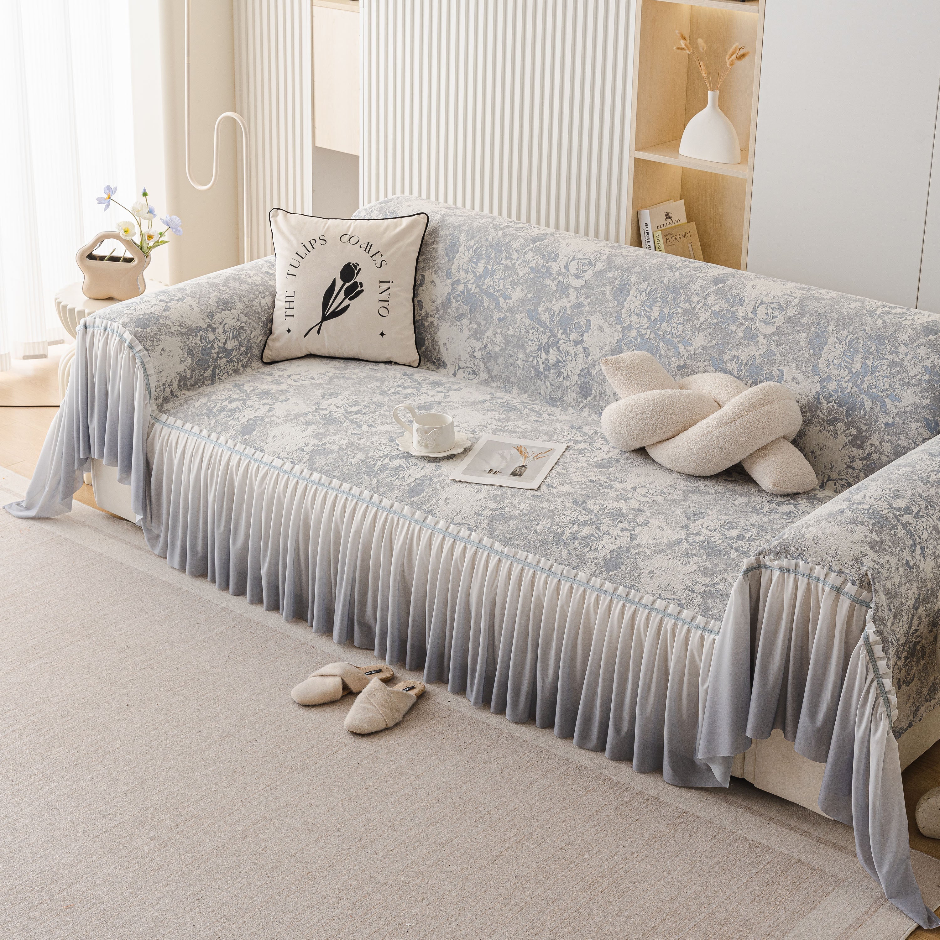 French Chic Style Ruffle Rose Cover Throw For Sofas, Decorative Sectional Covers