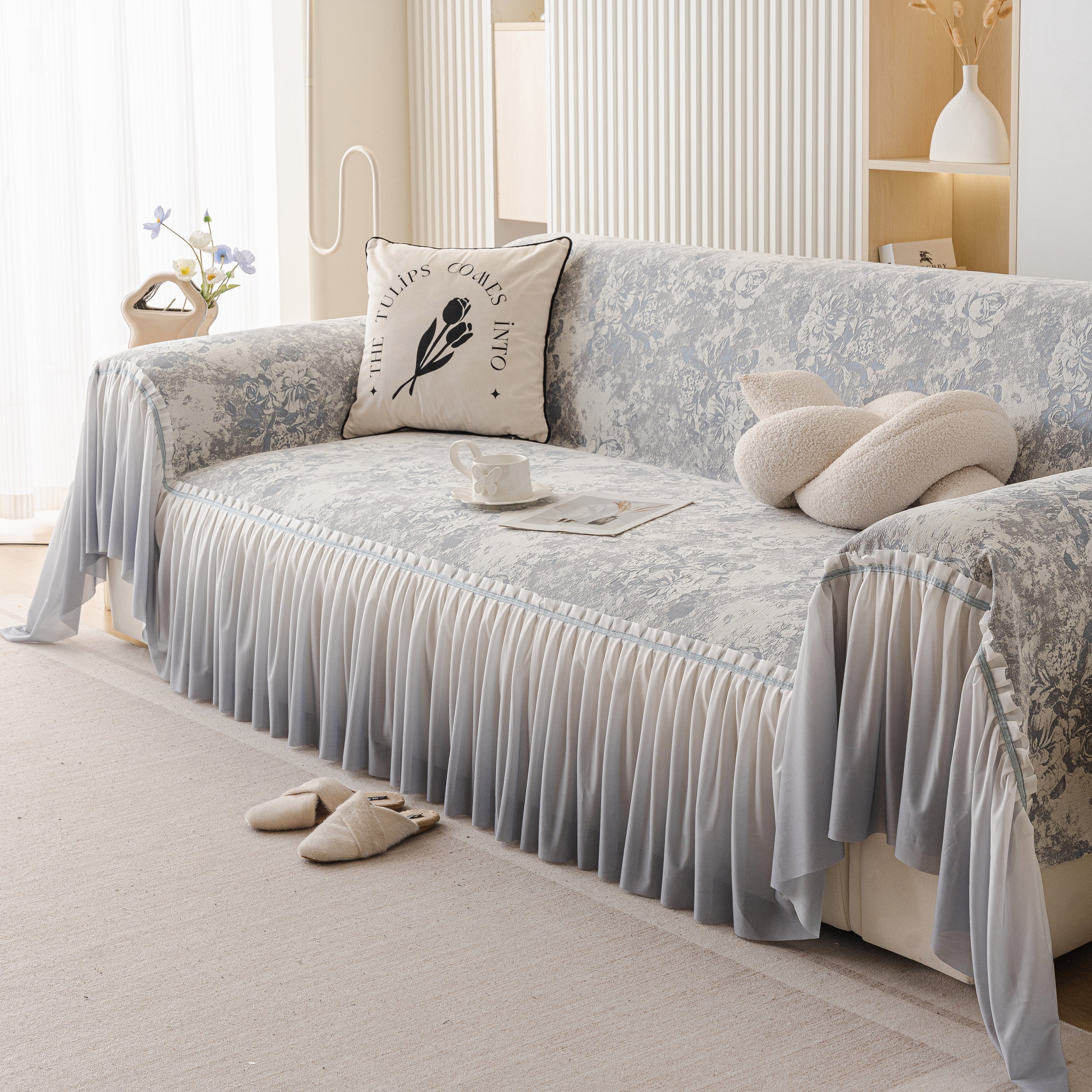 French Chic Style Ruffle Rose Cover Throw For Sofas, Decorative Sectional Covers