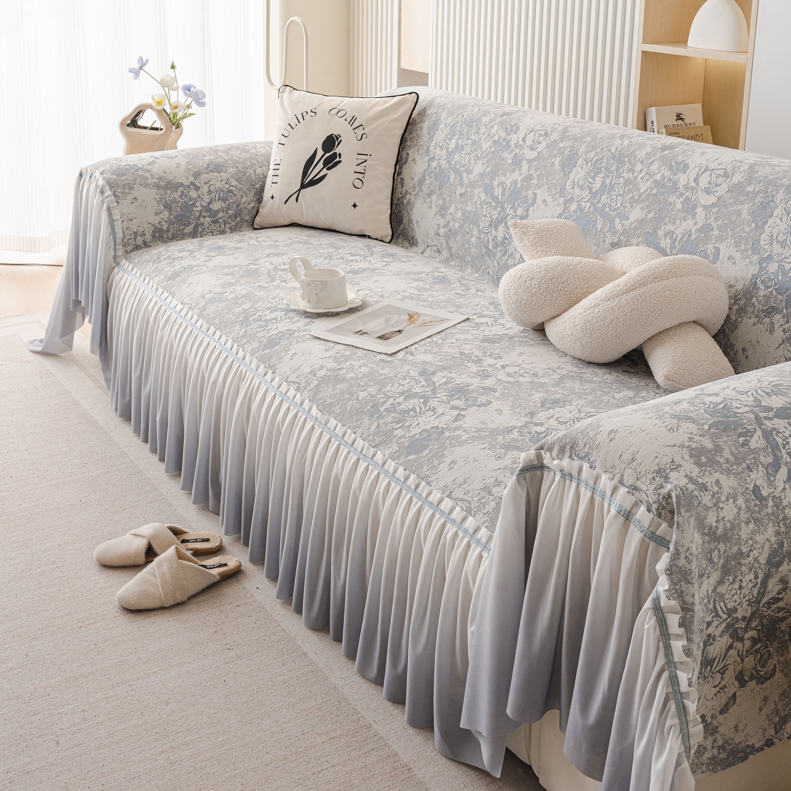 French Chic Style Ruffle Rose Cover Throw For Sofas, Decorative Sectional Covers