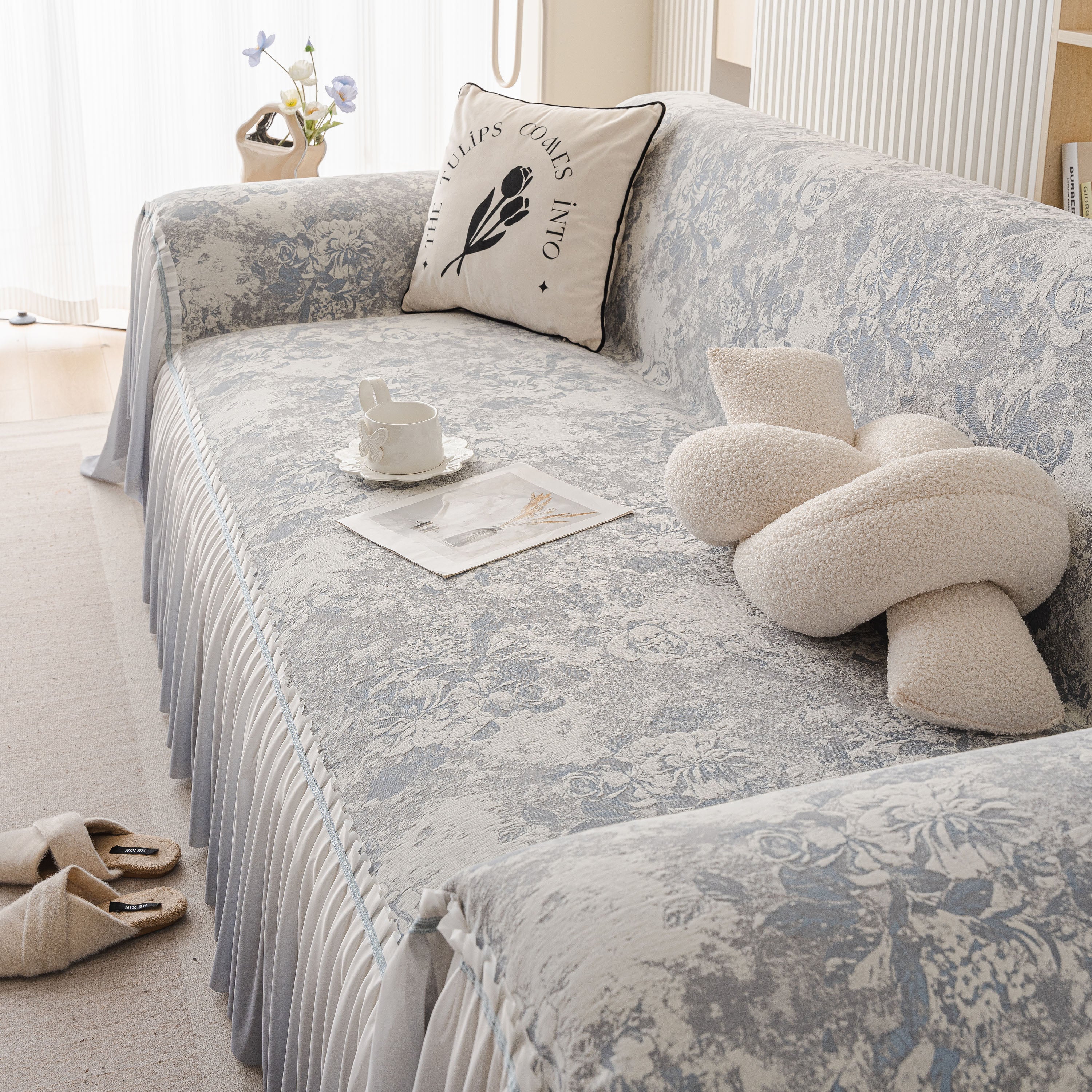 French Chic Style Ruffle Rose Cover Throw For Sofas, Decorative Sectional Covers