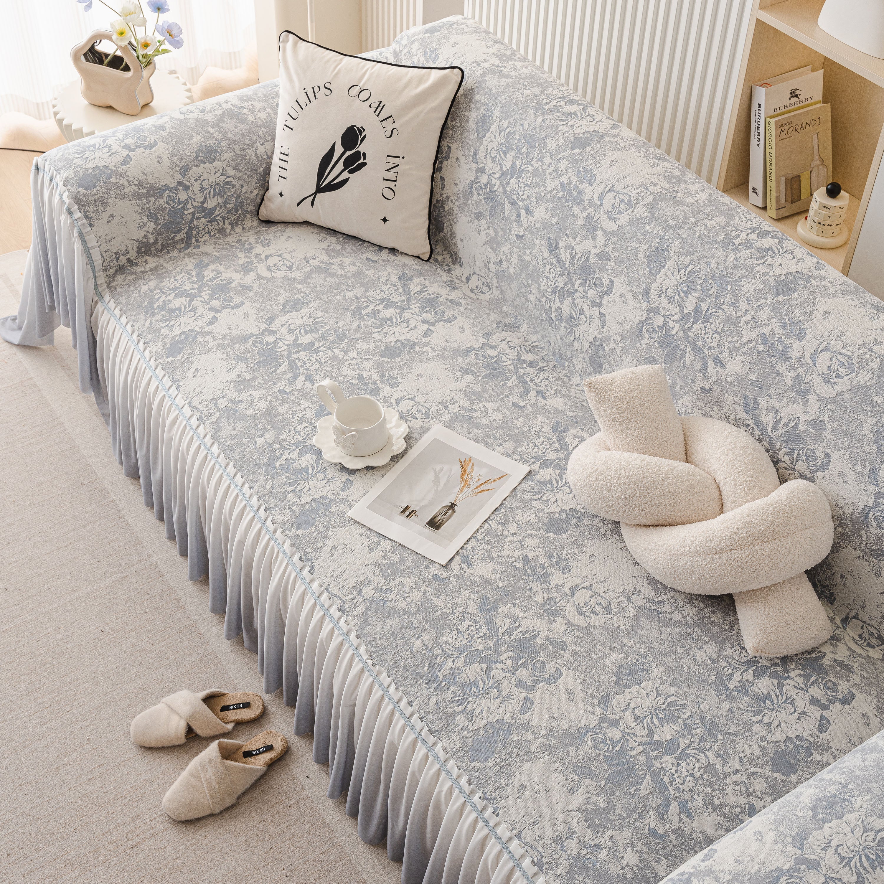 French Chic Style Ruffle Rose Cover Throw For Sofas, Decorative Sectional Covers