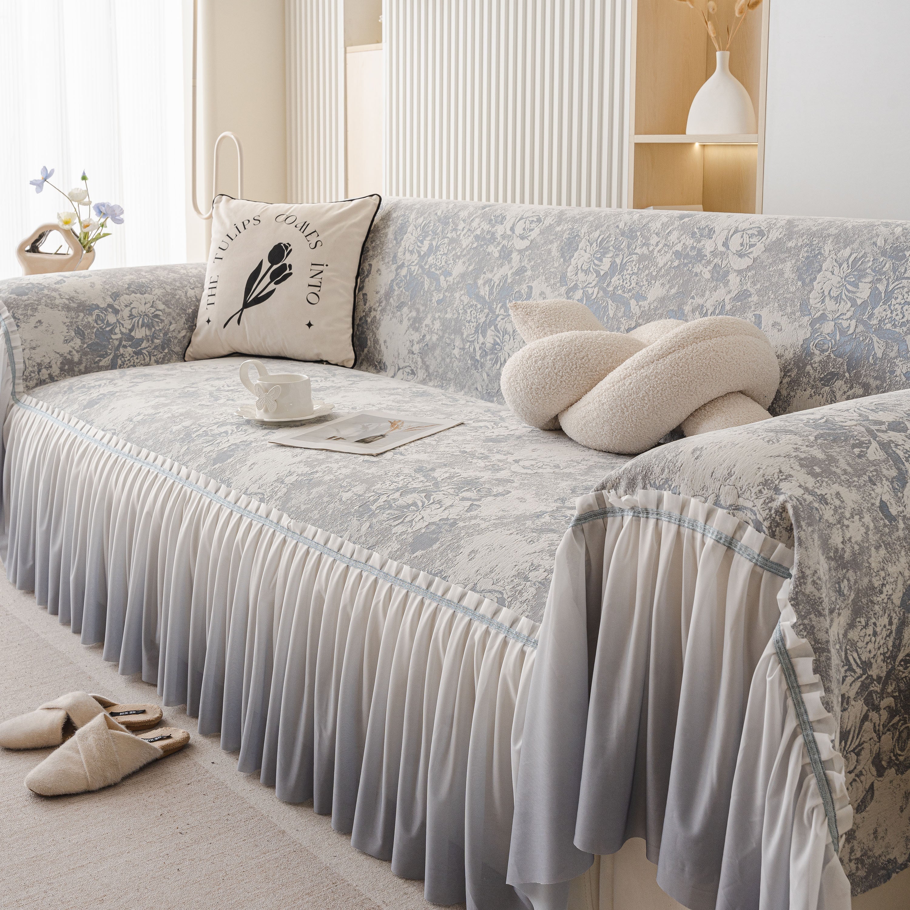 French Chic Style Ruffle Rose Cover Throw For Sofas, Decorative Sectional Covers