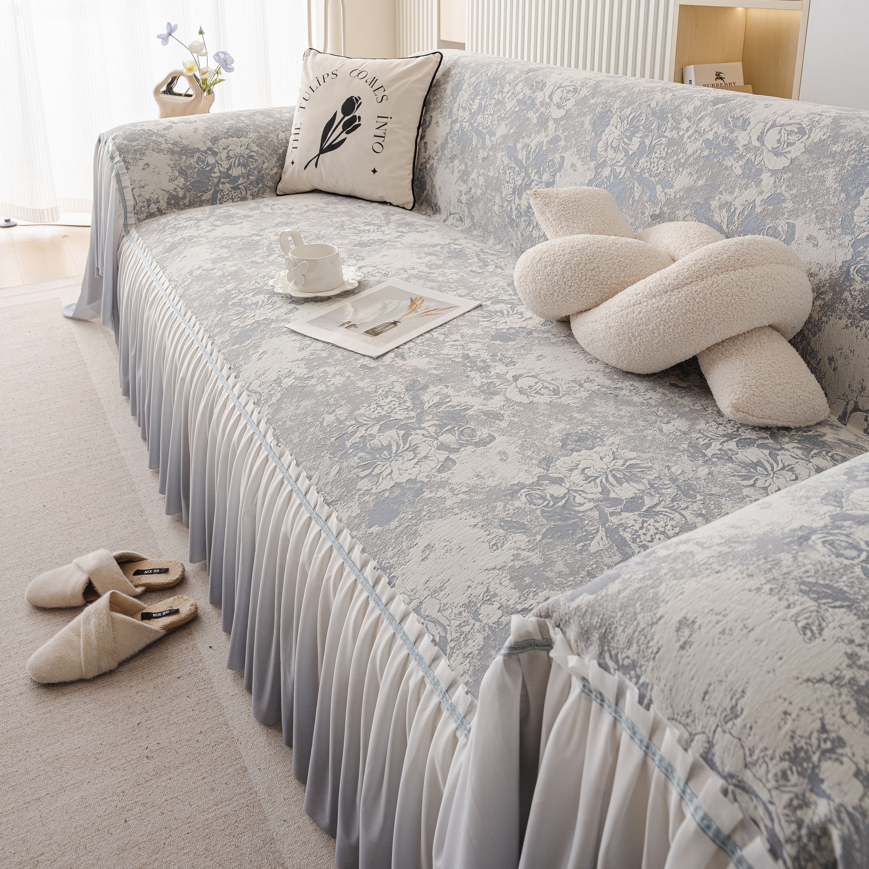 French Chic Style Ruffle Rose Cover Throw For Sofas, Decorative Sectional Covers