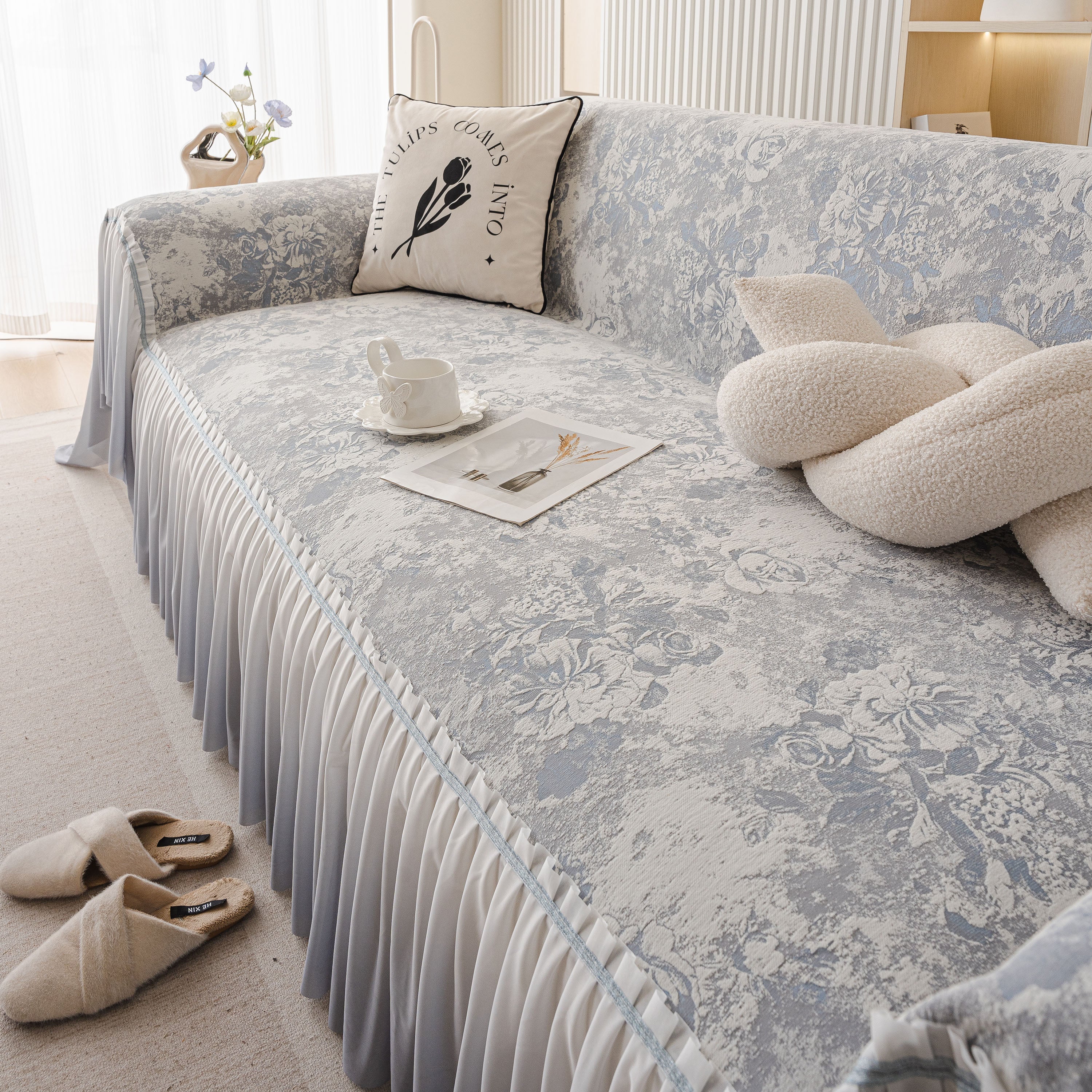 French Chic Style Ruffle Rose Cover Throw For Sofas, Decorative Sectional Covers