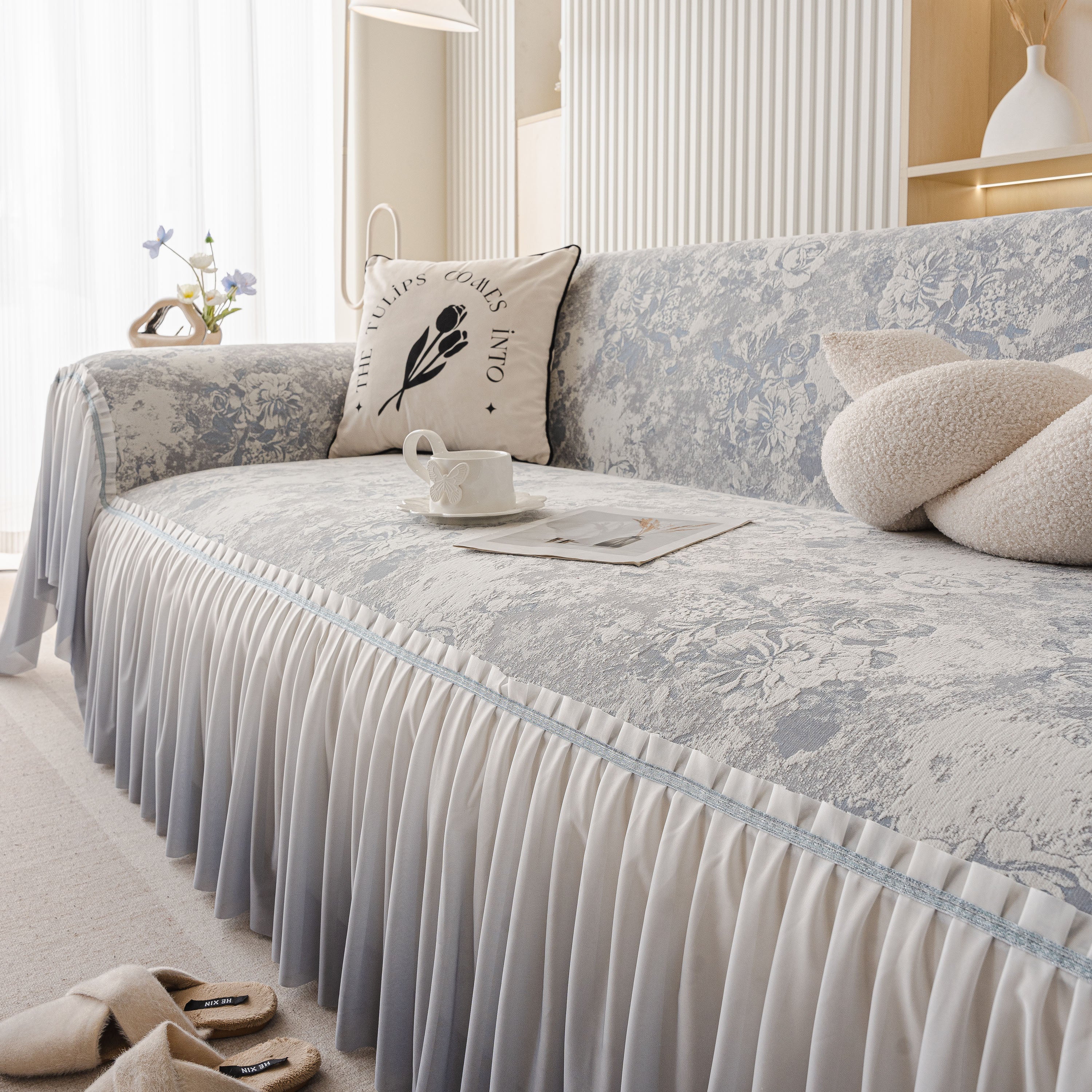 French Chic Style Ruffle Rose Cover Throw For Sofas, Decorative Sectional Covers