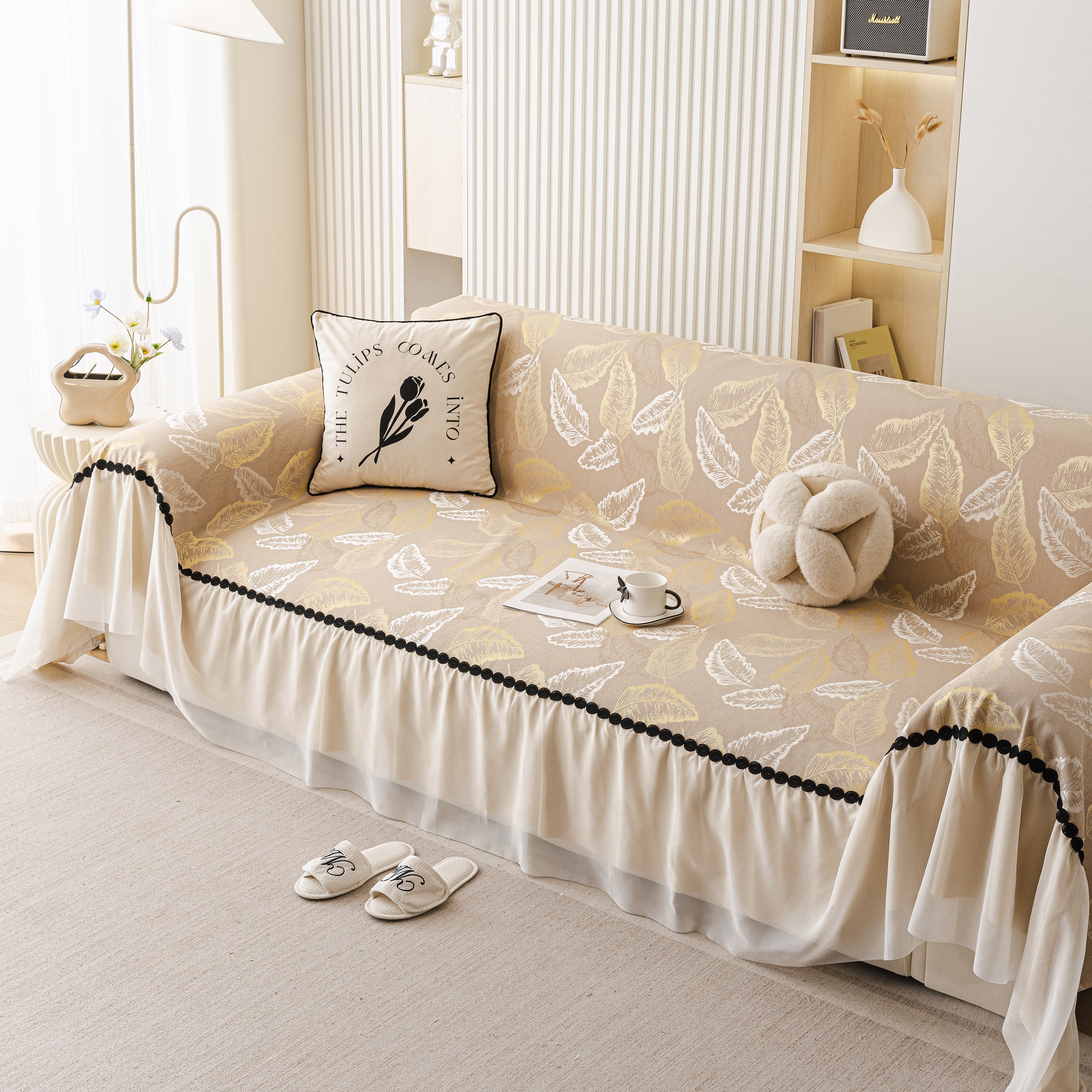 Leaf Jacquard Sofa Cover With Ruffle Skirt – Non-slip Couch Protector With Sheer Hem