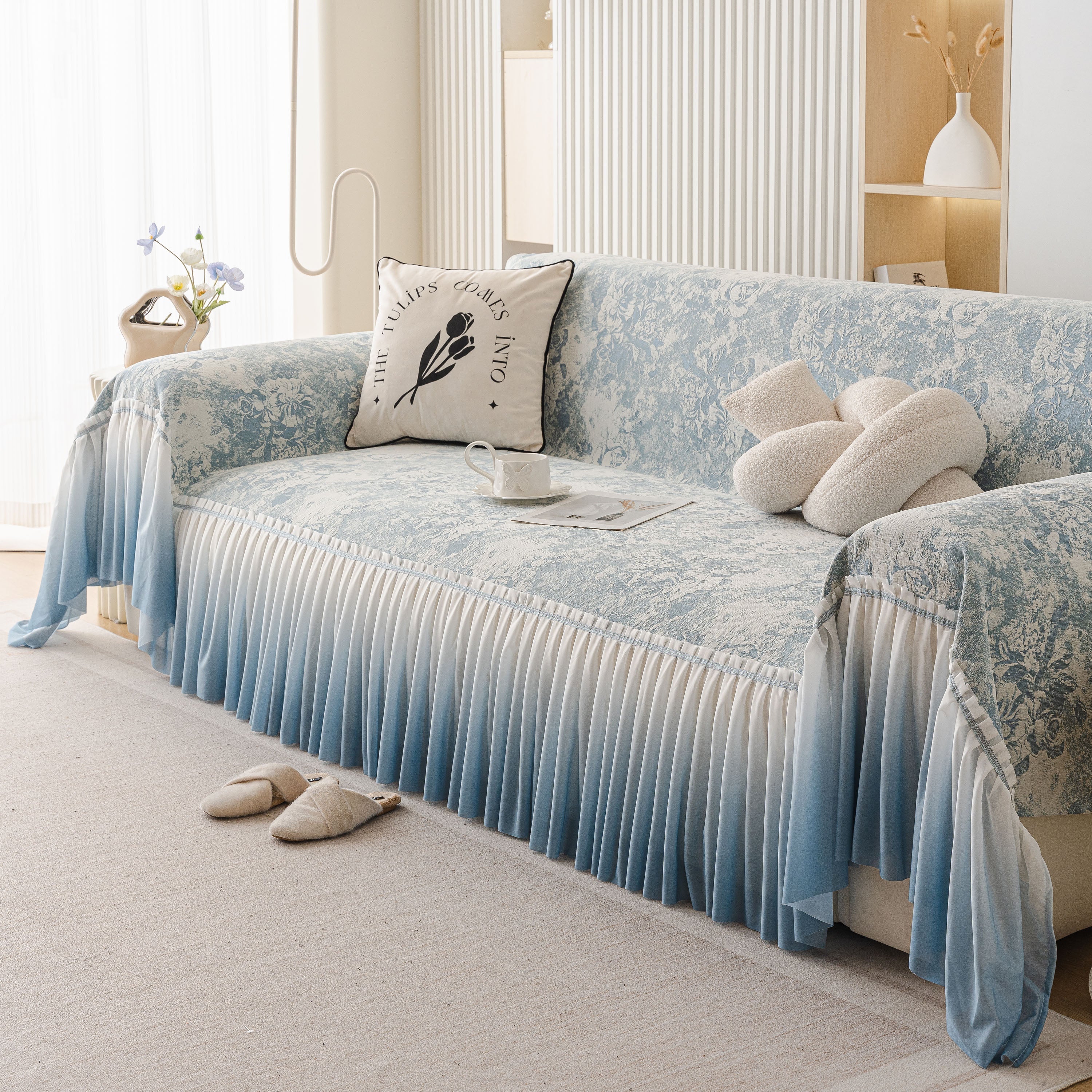 French Chic Style Ruffle Rose Cover Throw For Sofas, Decorative Sectional Covers