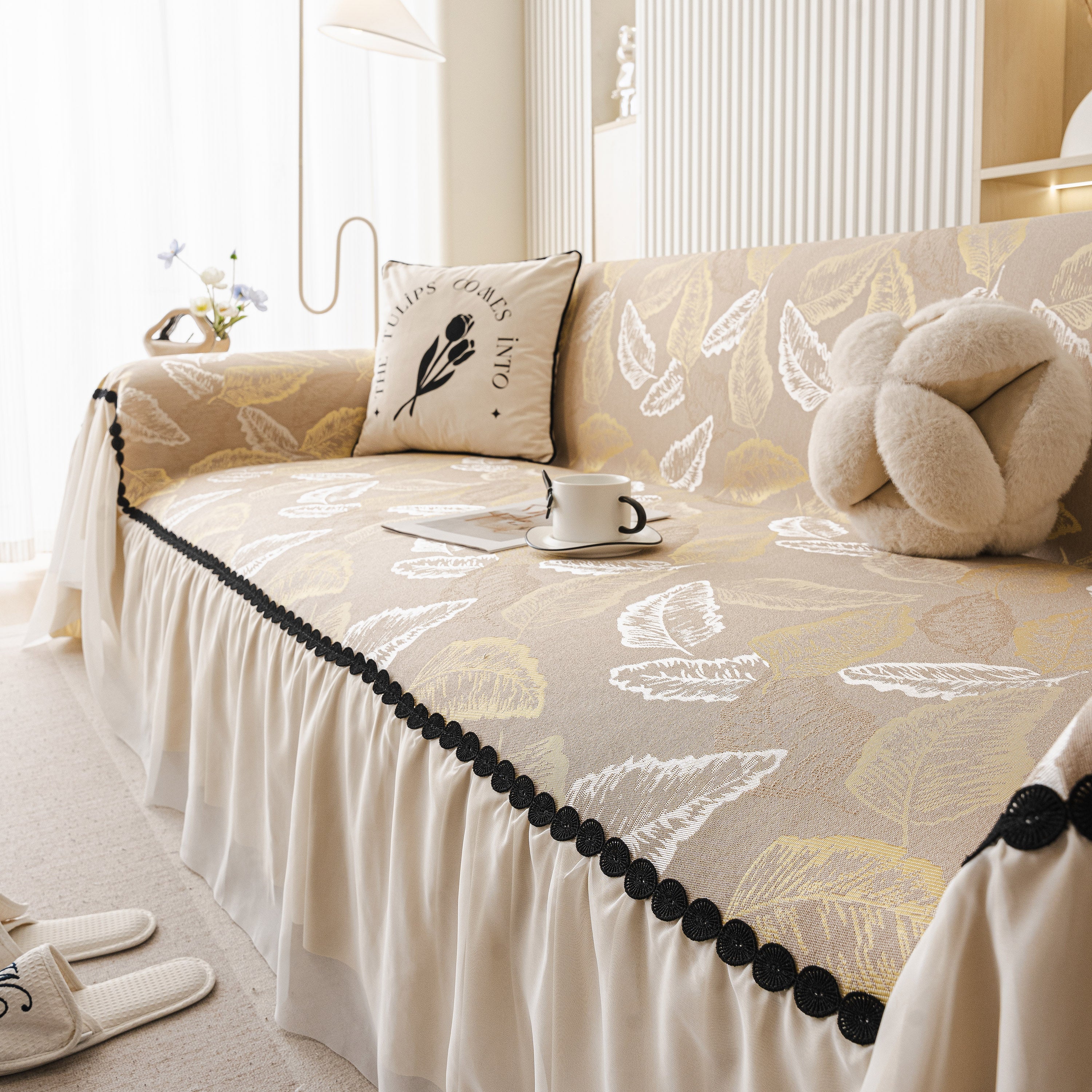 Leaf Jacquard Sofa Cover With Ruffle Skirt – Non-slip Couch Protector With Sheer Hem