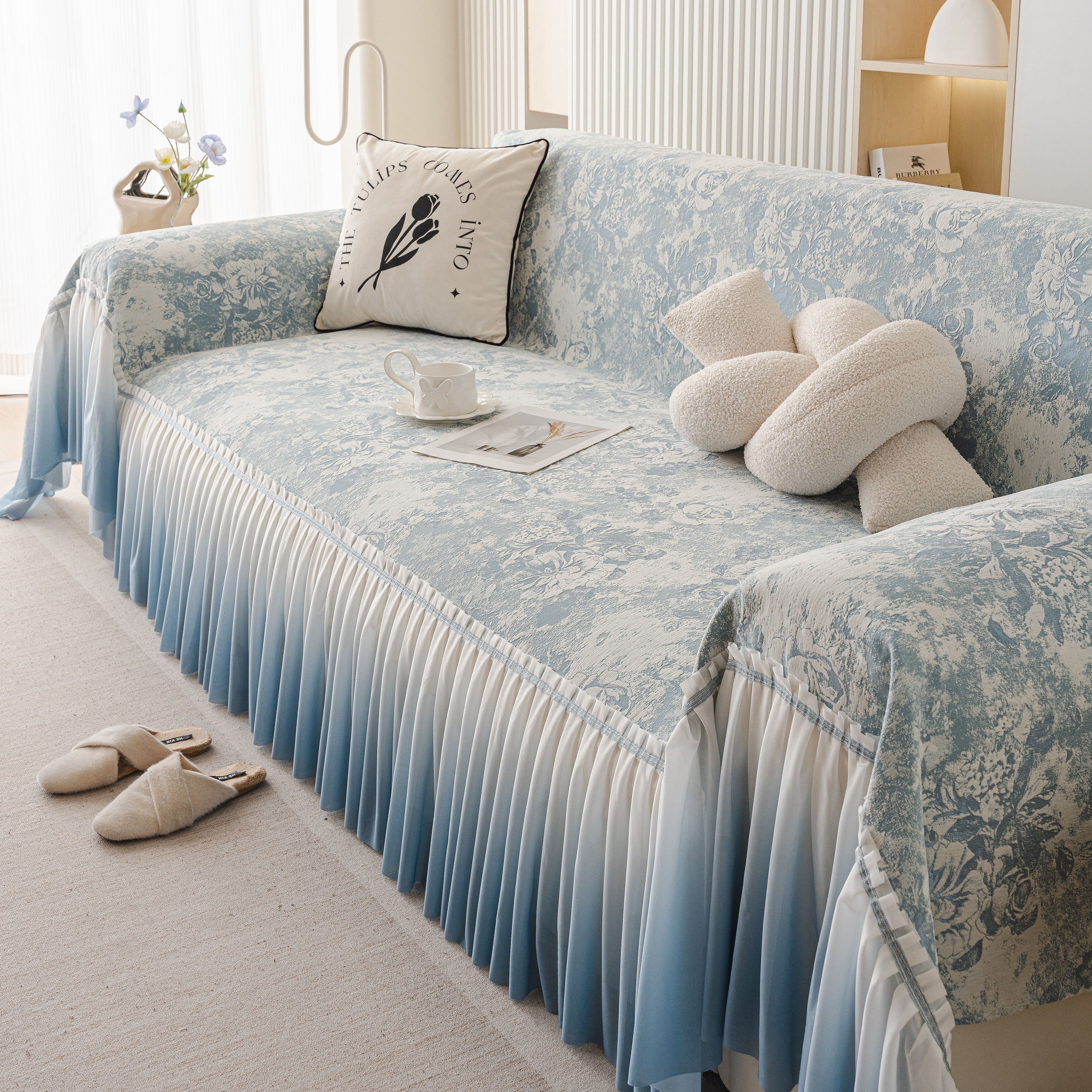 French Chic Style Ruffle Rose Cover Throw For Sofas, Decorative Sectional Covers