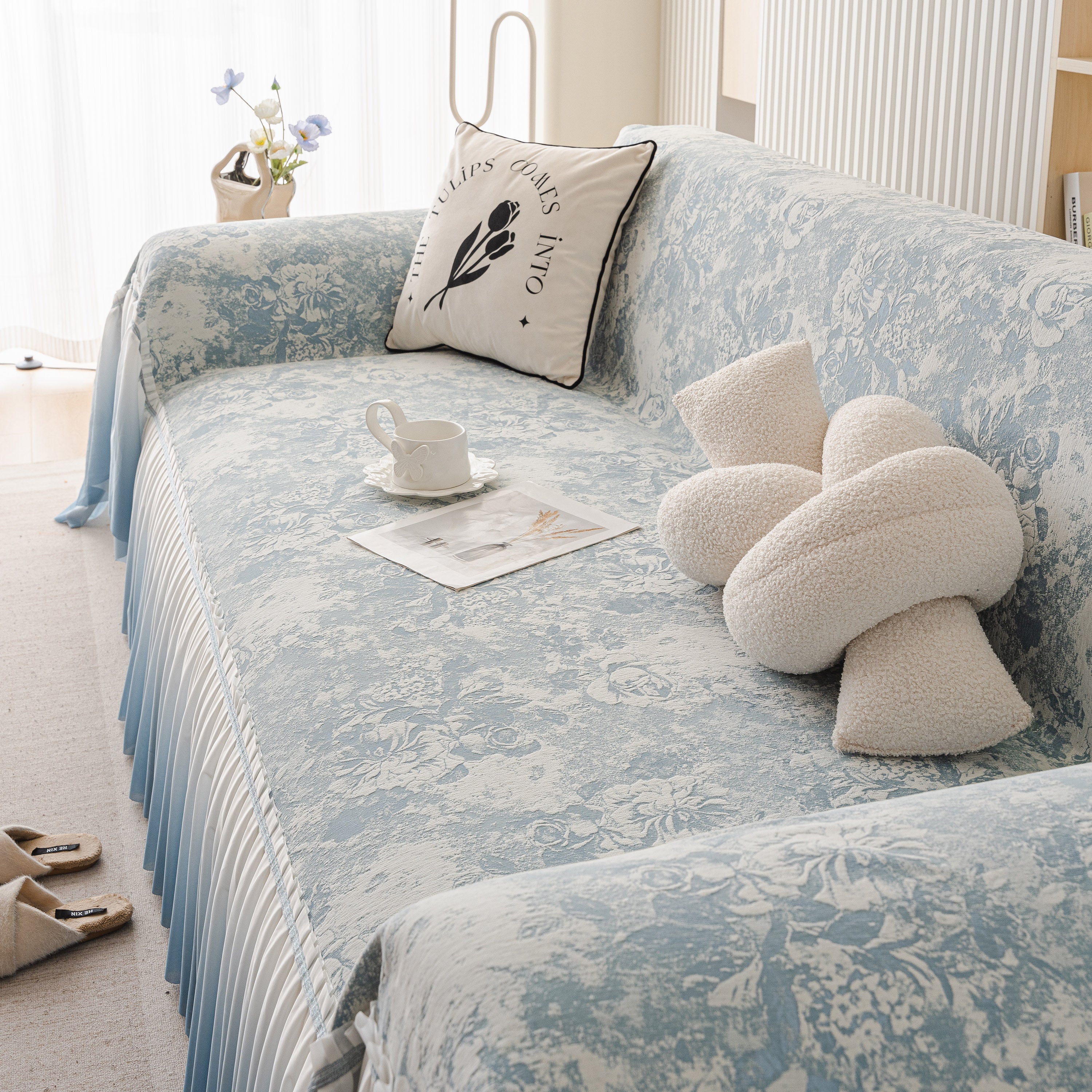 French Chic Style Ruffle Rose Cover Throw For Sofas, Decorative Sectional Covers