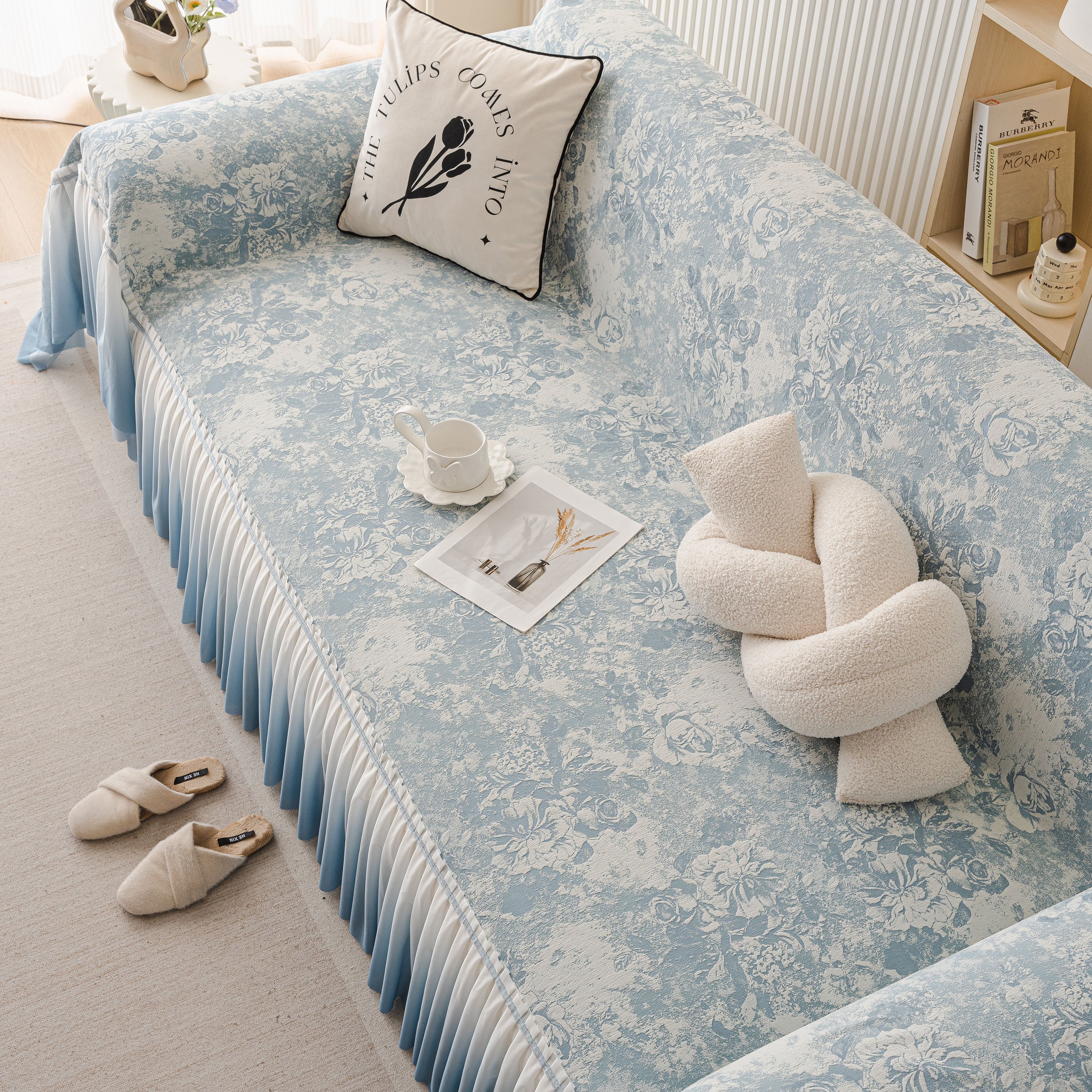 French Chic Style Ruffle Rose Cover Throw For Sofas, Decorative Sectional Covers