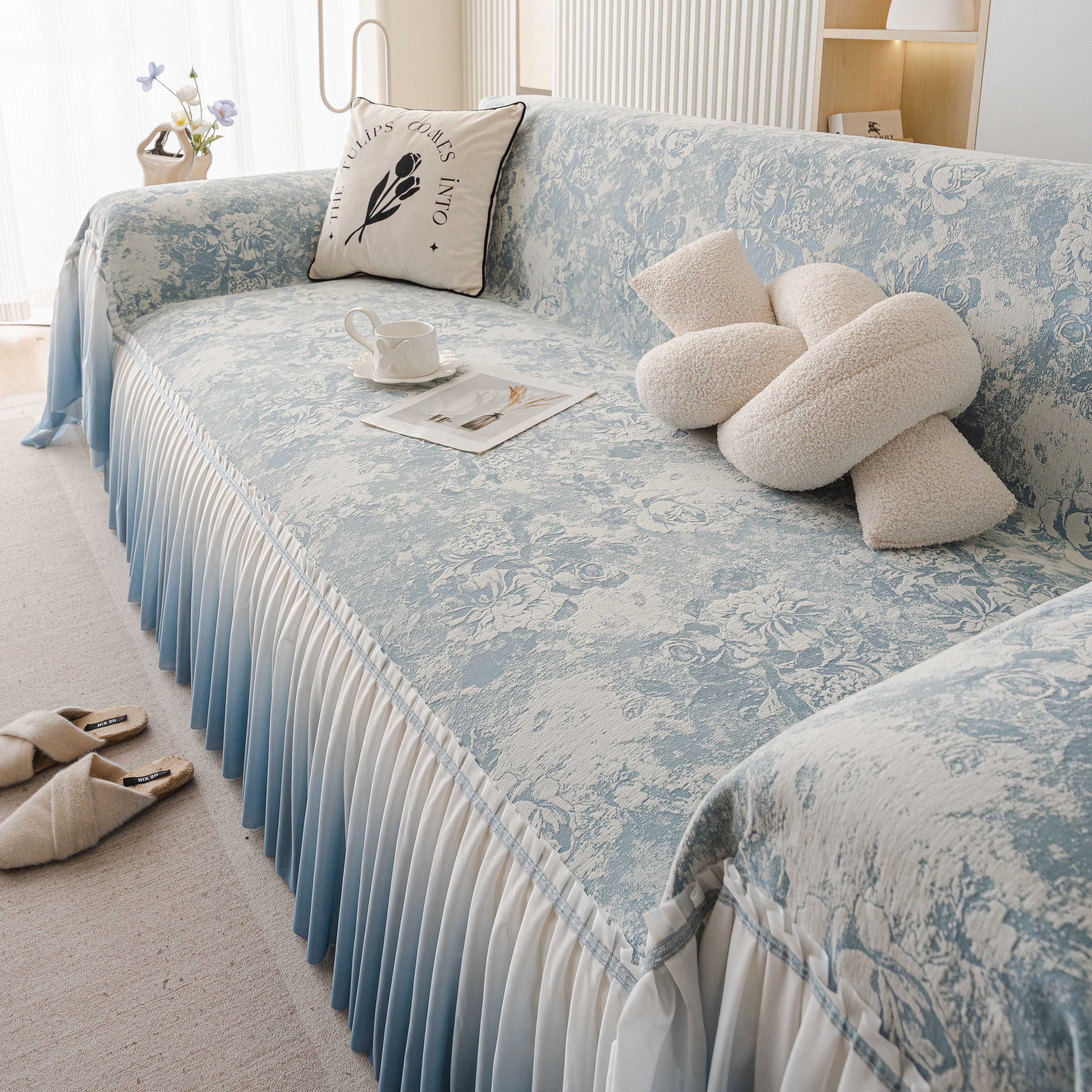 French Chic Style Ruffle Rose Cover Throw For Sofas, Decorative Sectional Covers