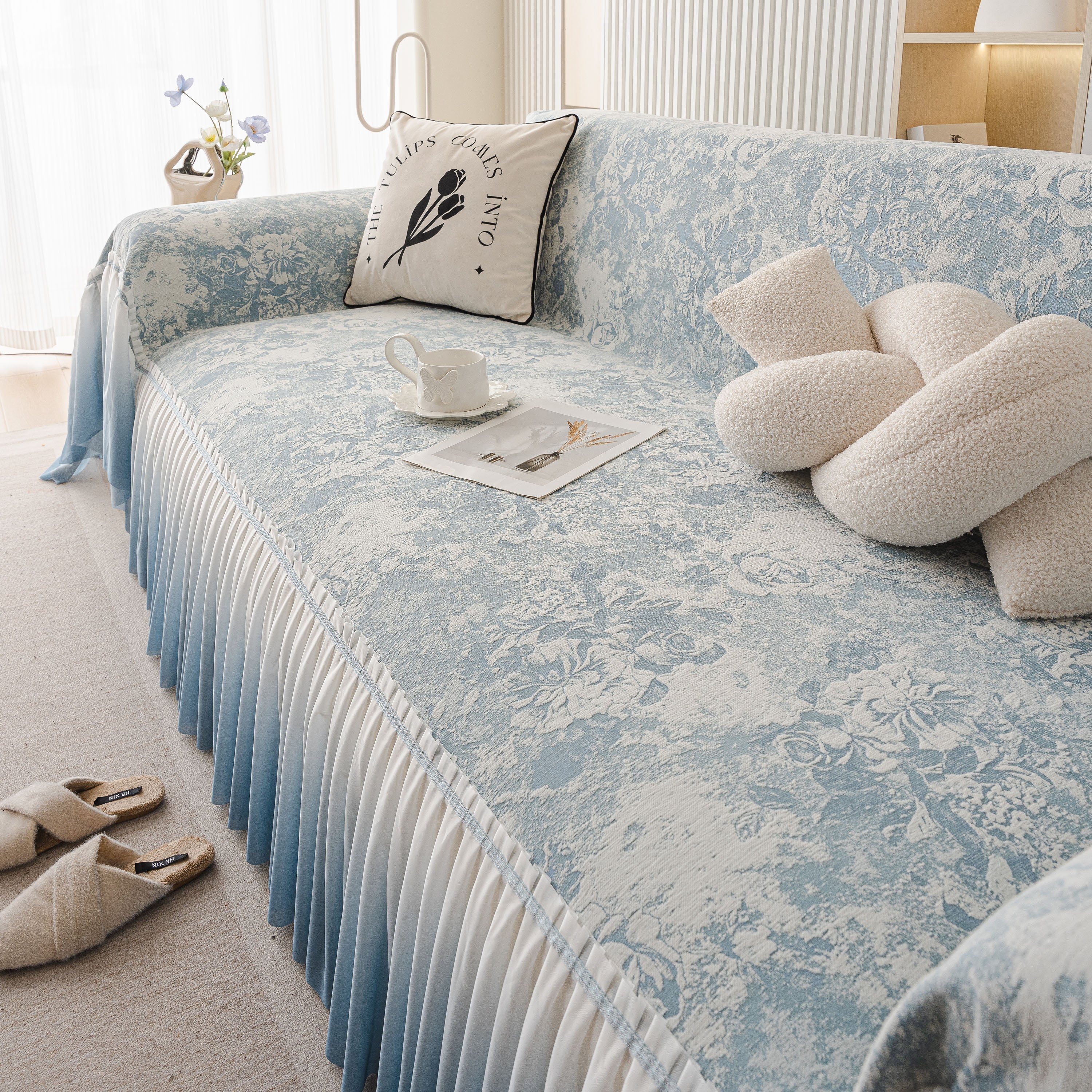 French Chic Style Ruffle Rose Cover Throw For Sofas, Decorative Sectional Covers