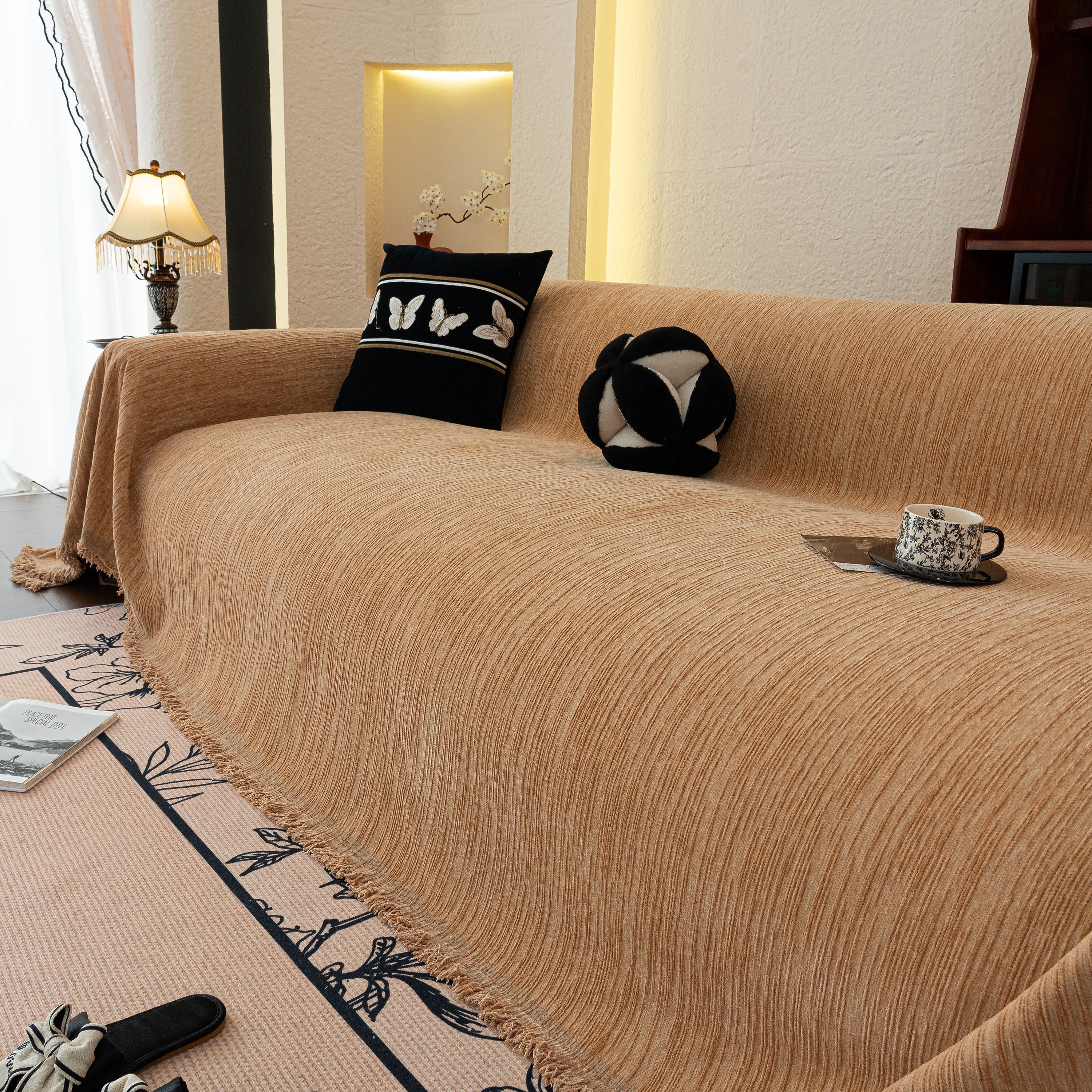 Washable Textured Sofa Cover Throw For Pets, Dogs Furniture Protector With Tassels