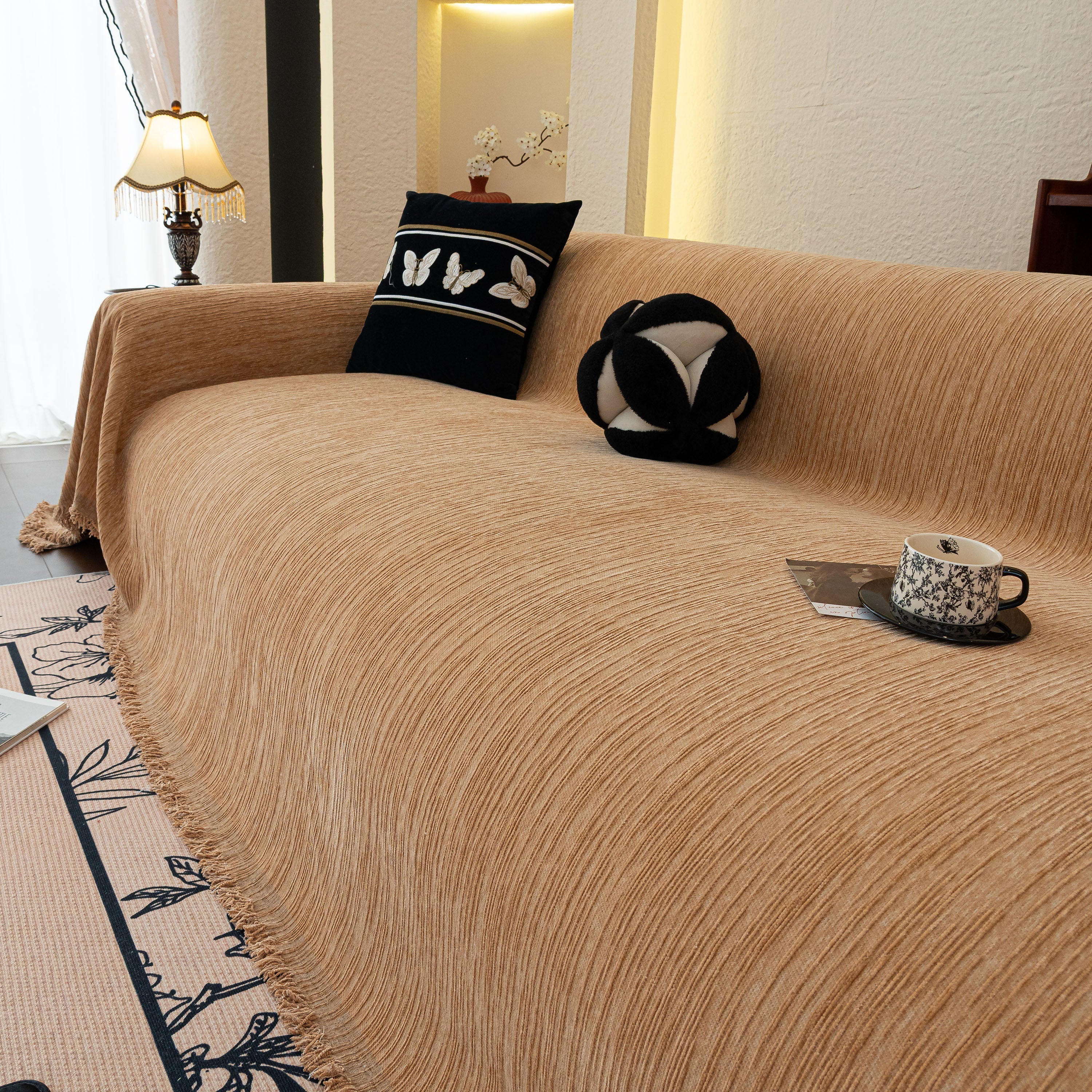 Washable Textured Sofa Cover Throw For Pets, Dogs Furniture Protector With Tassels
